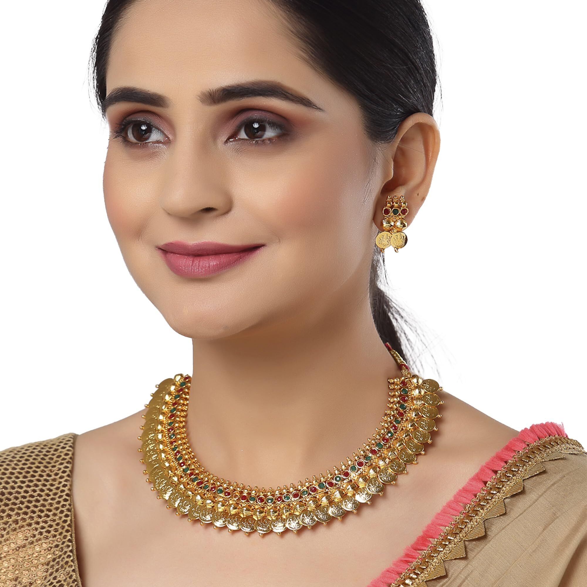 ZENEME Jewellery Set Gold Plated Temple Coin Traditional Maa Lakshmi Necklace Set With Earring Jewellery For Women & Girls (Pearl)
