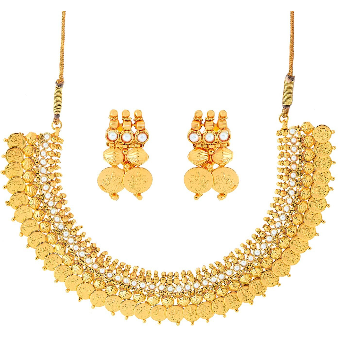 ZENEME Jewellery Set Gold Plated Temple Coin Traditional Maa Lakshmi Necklace Set With Earring Jewellery For Women & Girls (Red Green)