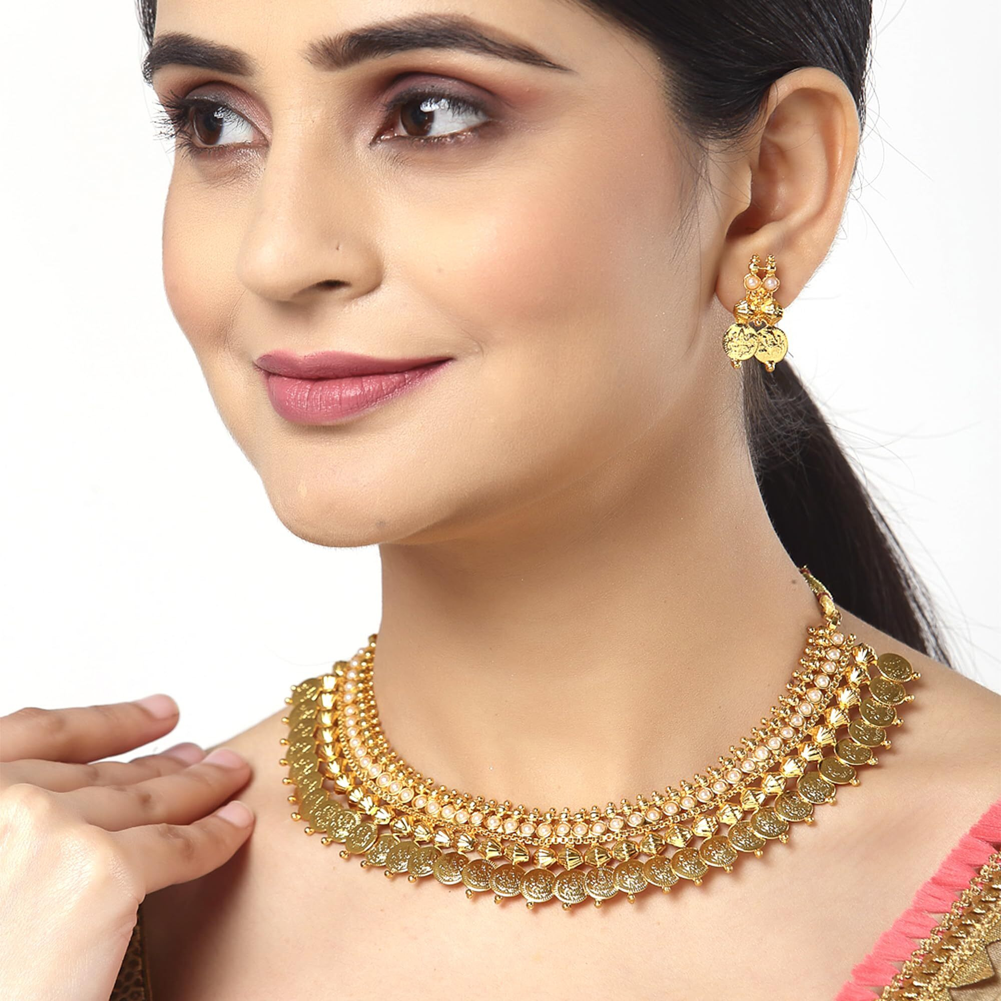 ZENEME Jewellery Set Gold Plated Temple Coin Traditional Maa Lakshmi Necklace Set With Earring Jewellery For Women & Girls (Red Green)