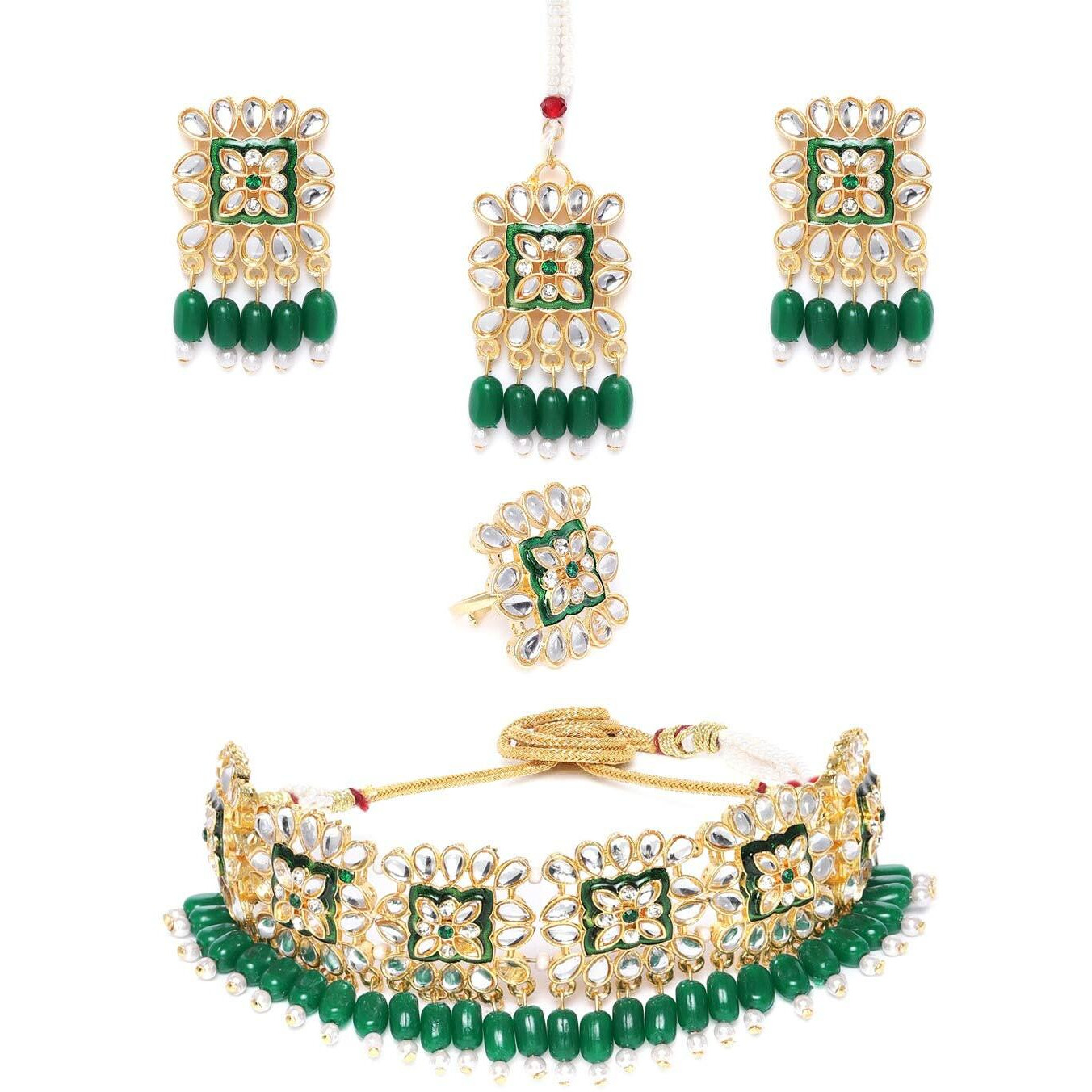 ZAVERI PEARLS Green Meenakari Kundan & Beads Choker Necklace Earring Maangtikka & Ring Set For Women-ZPFK10026