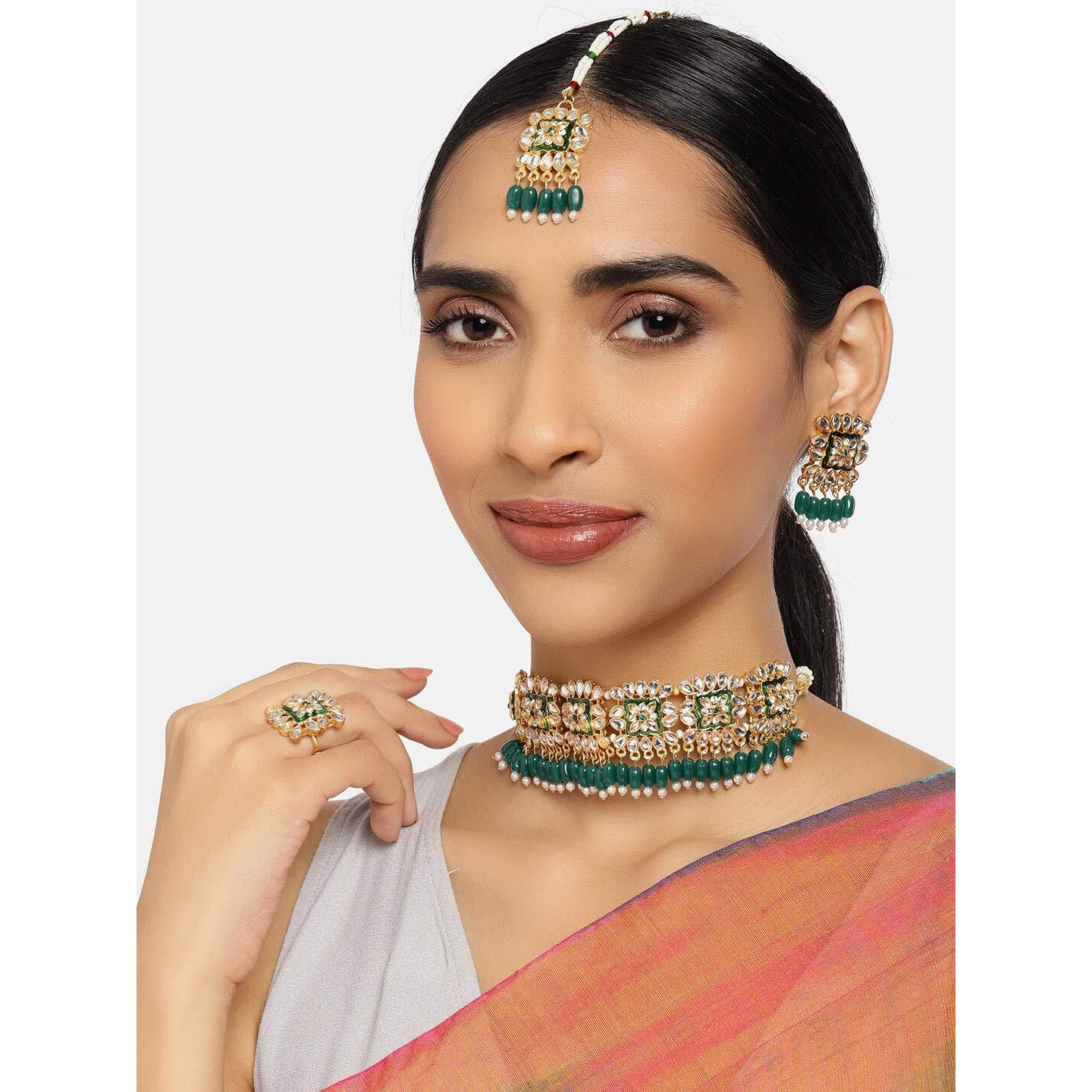ZAVERI PEARLS Green Meenakari Kundan & Beads Choker Necklace Earring Maangtikka & Ring Set For Women-ZPFK10026