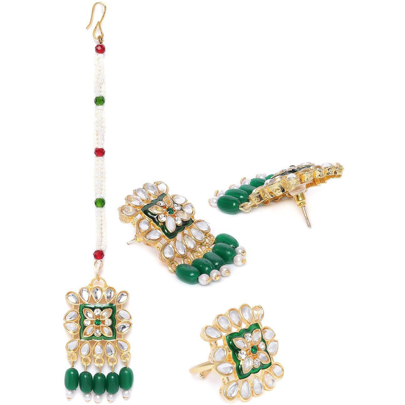 ZAVERI PEARLS Green Meenakari Kundan & Beads Choker Necklace Earring Maangtikka & Ring Set For Women-ZPFK10026