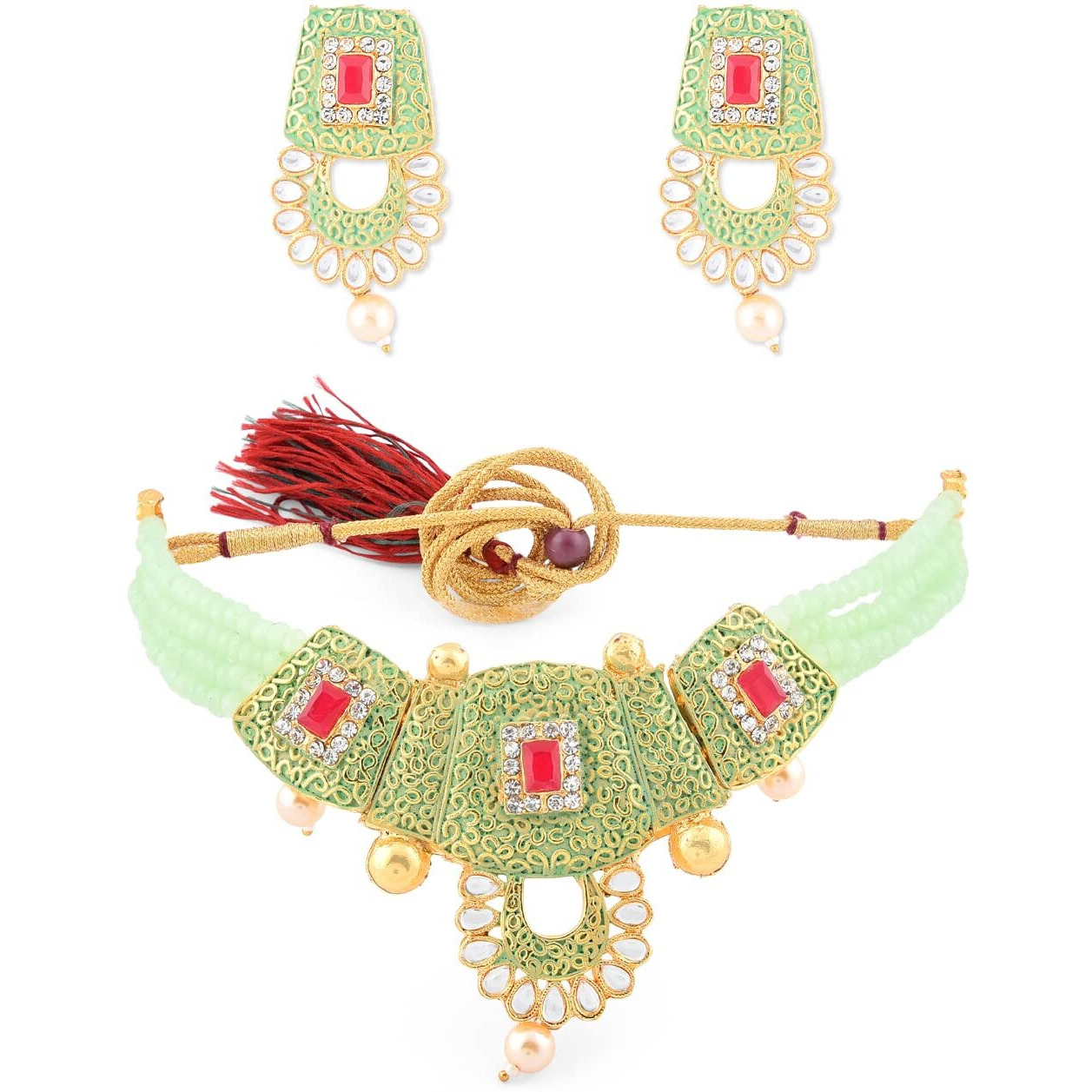 ZAVERI PEARLS Pastel Green Enamel Multistrand Beads & Pink Stones Necklace & Earring Set For Women-ZPFK10253