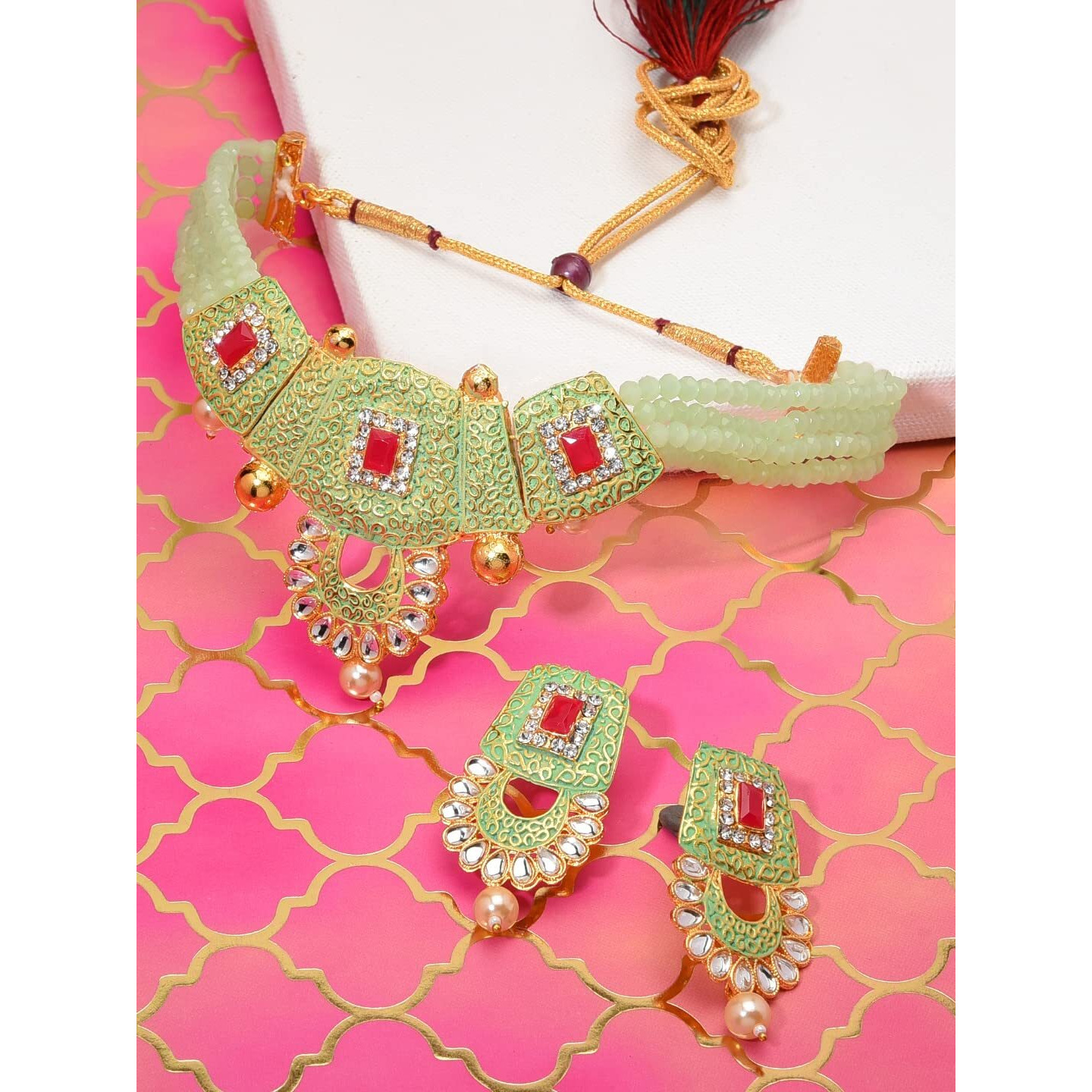ZAVERI PEARLS Pastel Green Enamel Multistrand Beads & Pink Stones Necklace & Earring Set For Women-ZPFK10253