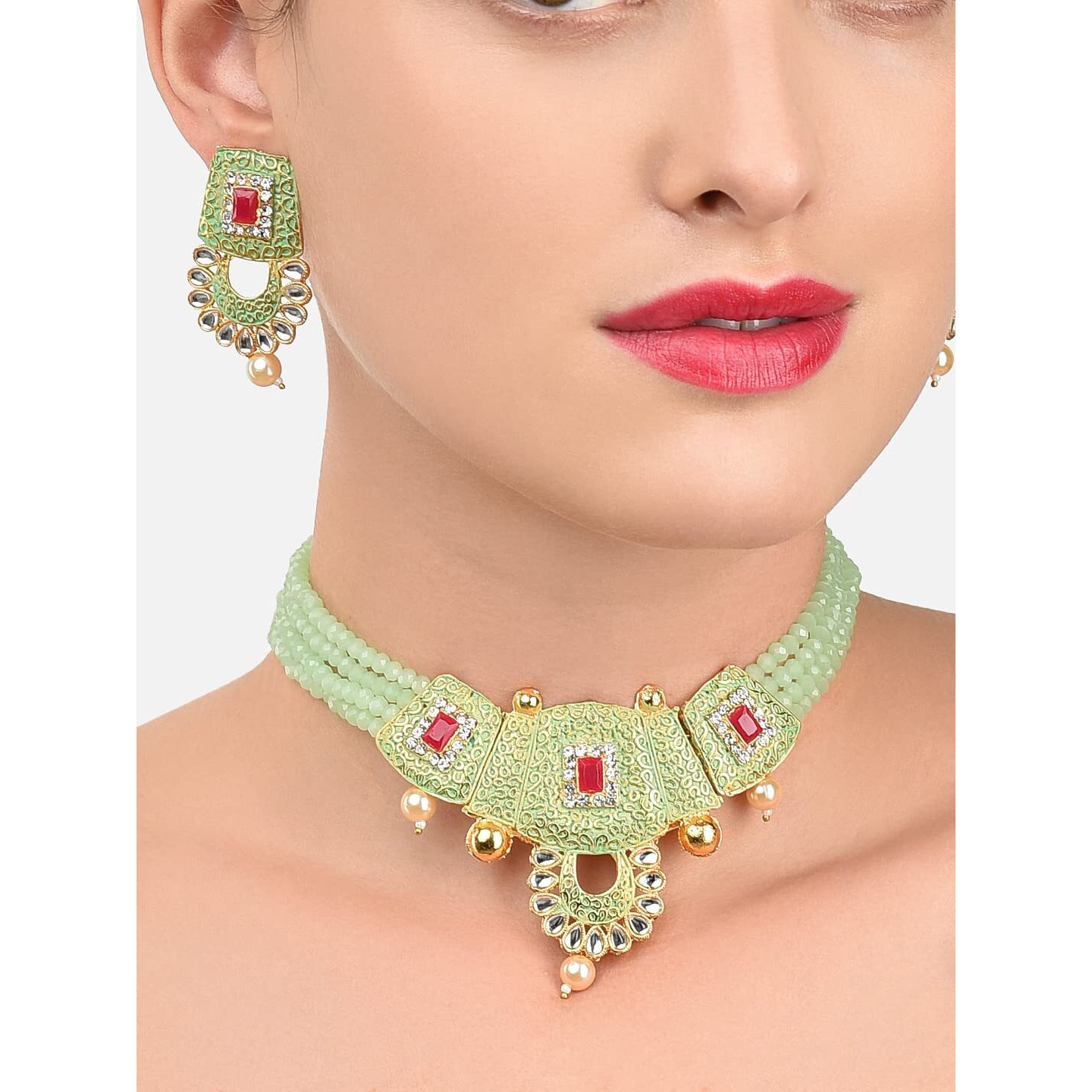 ZAVERI PEARLS Pastel Green Enamel Multistrand Beads & Pink Stones Necklace & Earring Set For Women-ZPFK10253