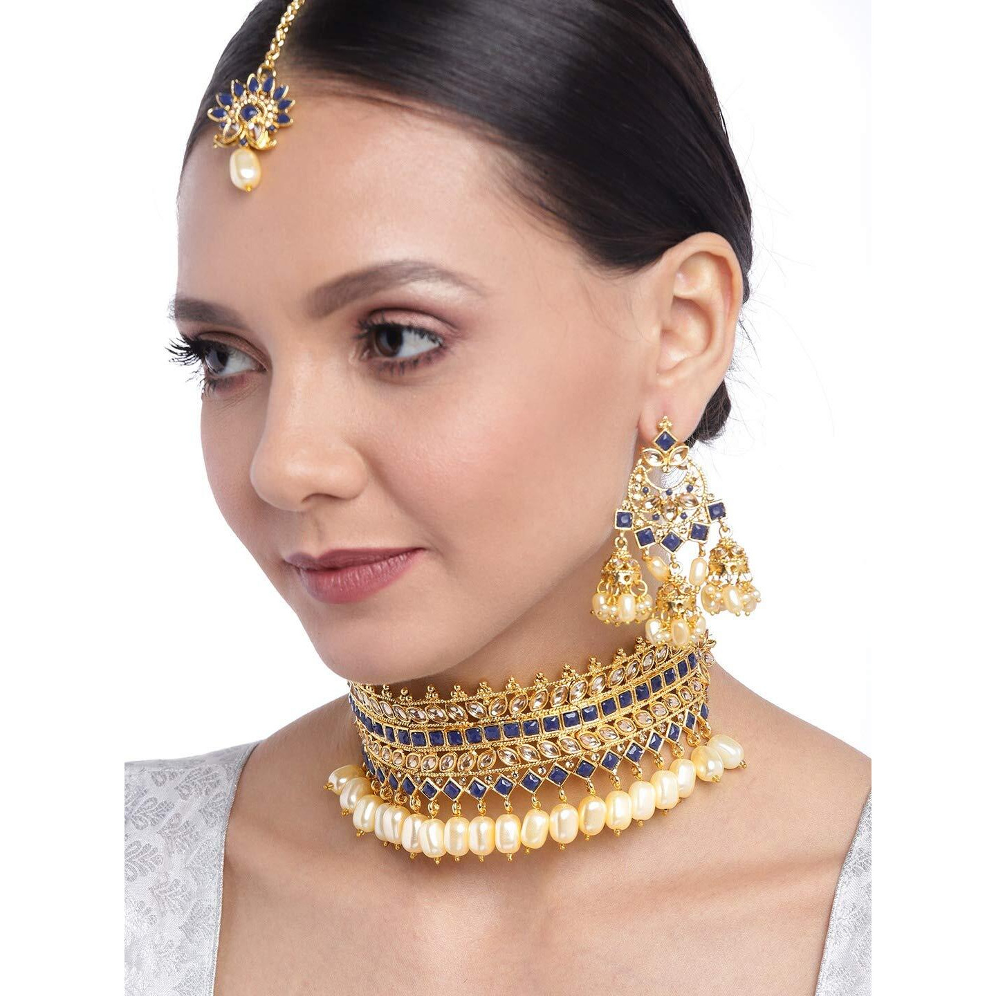 ZAVERI PEARLS Blue Stones & Pearls Traditional Choker Necklace, Earring & Maangtikka Set For Women-ZPFK9577