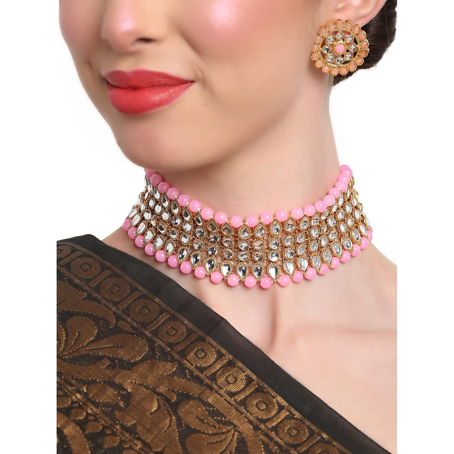 Shining Diva Fashion Latest Stylish Choker Traditional Kundan Necklace Jewellery Set for Women (12630s), Pink, One