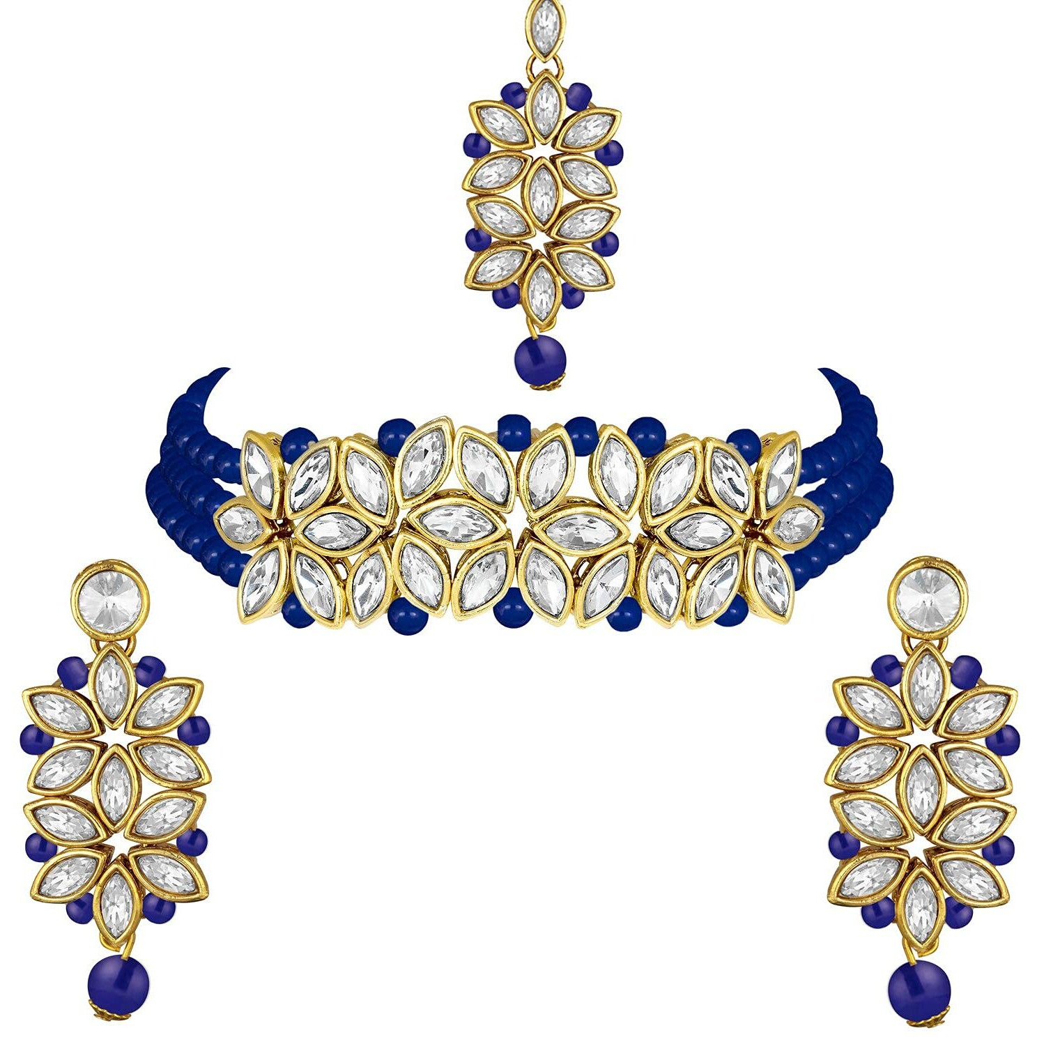 I Jewels 18k Gold Plated Kundan & Pearl Beaded Choker Set for Women/Girls (IJ345Bl)