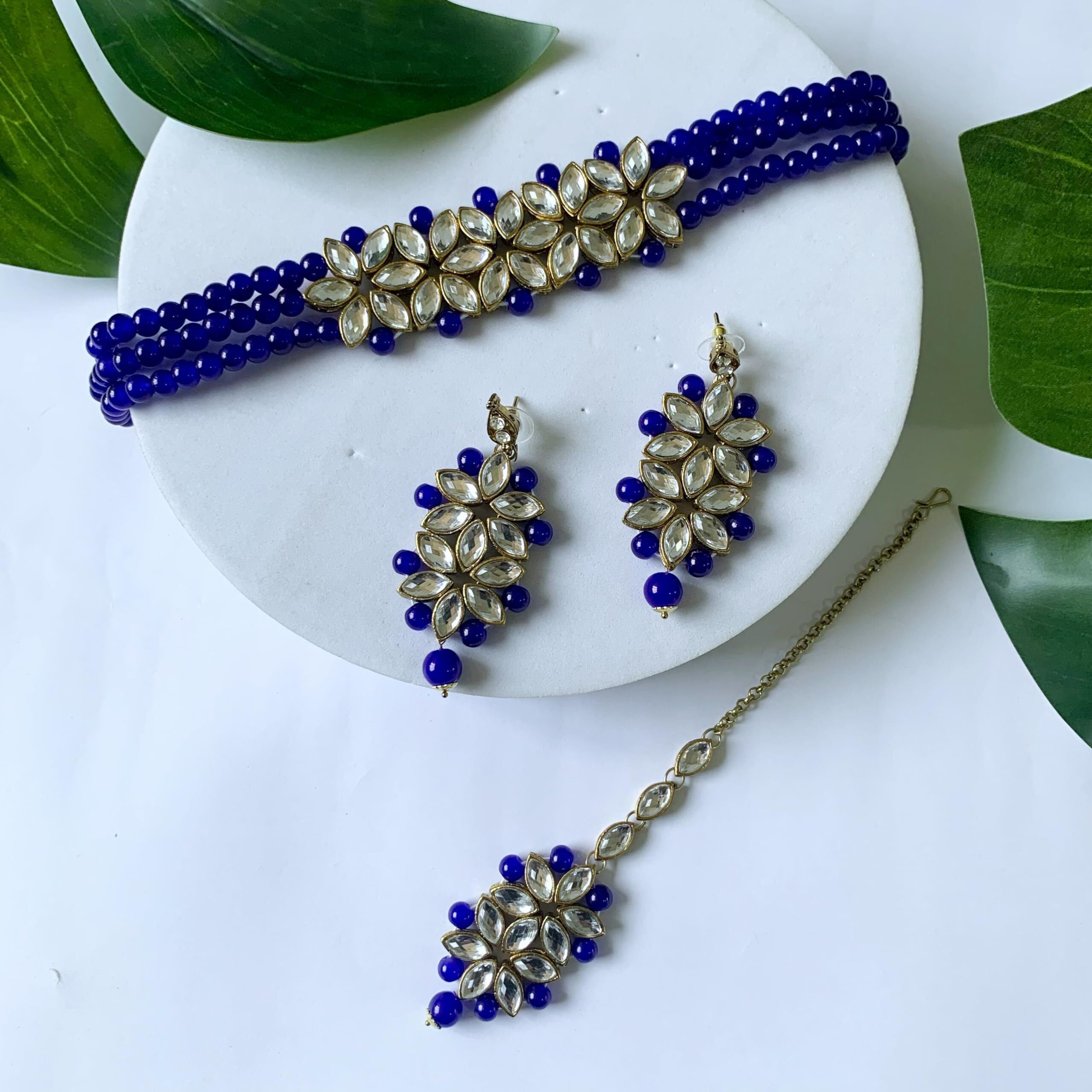 I Jewels 18k Gold Plated Kundan & Pearl Beaded Choker Set for Women/Girls (IJ345Bl)