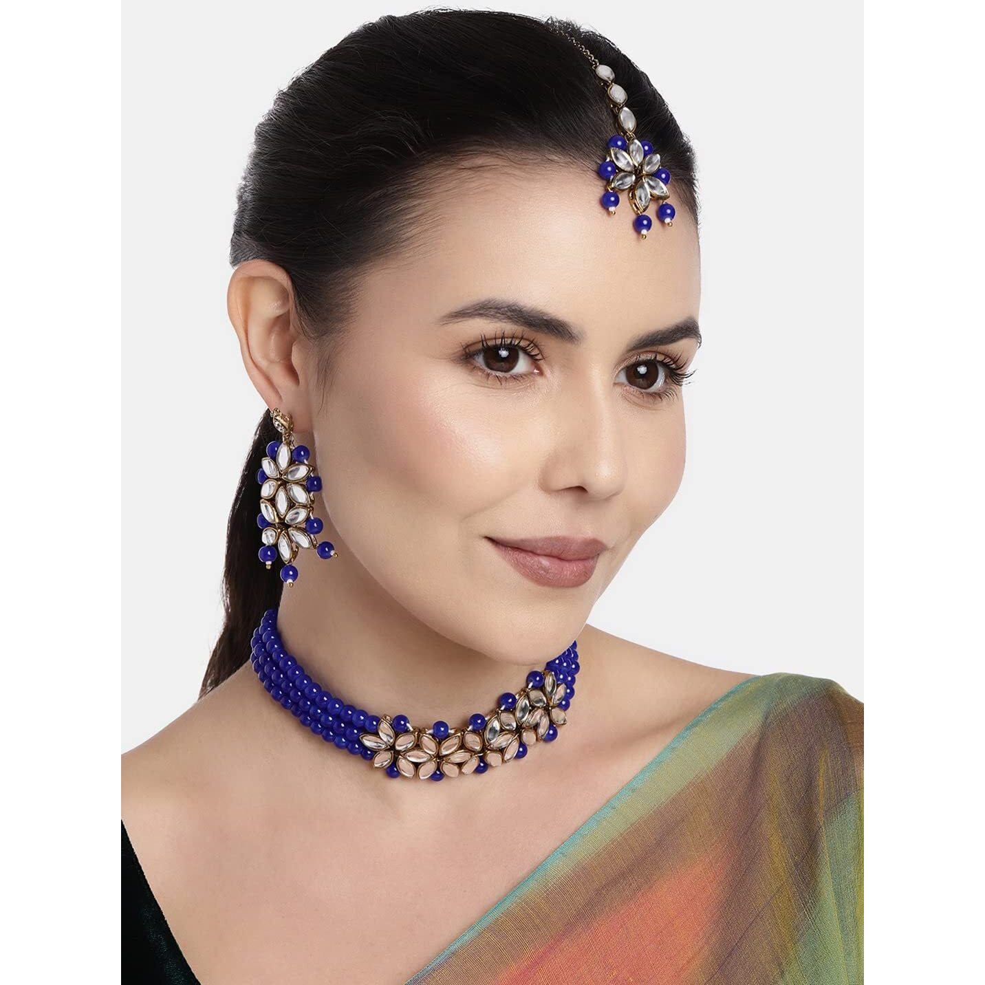 I Jewels 18k Gold Plated Kundan & Pearl Beaded Choker Set for Women/Girls (IJ345Bl)