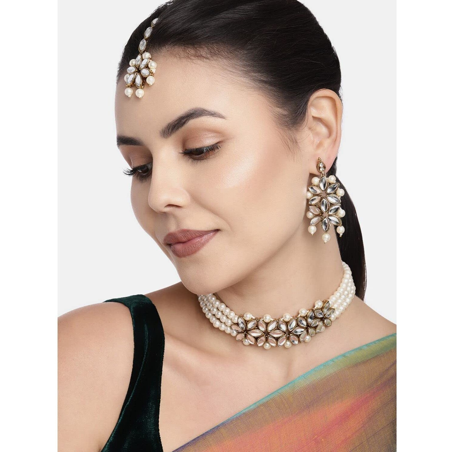 I Jewels 18k Gold Plated Kundan & Pearl Beaded Choker Set for Women/Girls (IJ345W)