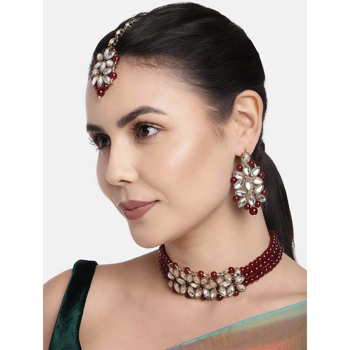 I Jewels 18k Gold Plated Kundan & Pearl Beaded Choker Set for Women/Girls (IJ345M)