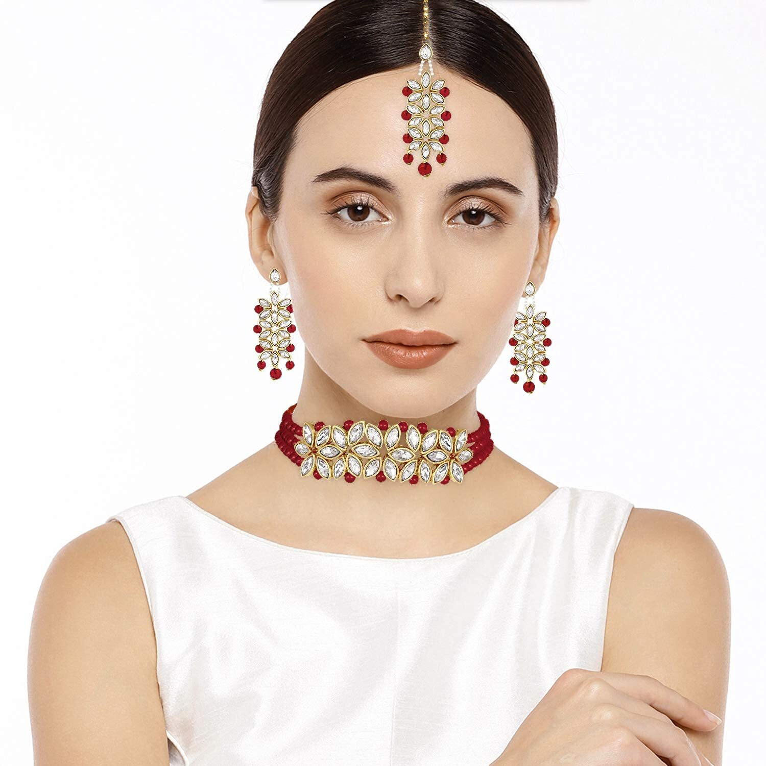 I Jewels 18k Gold Plated Kundan & Pearl Beaded Choker Set for Women/Girls (IJ345M)