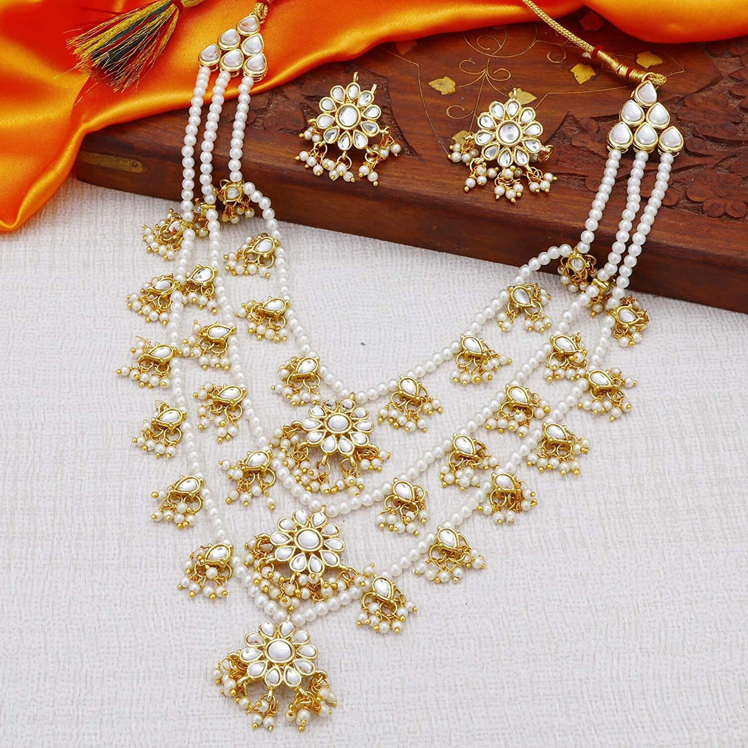 Peora Traditional Jewellery Brass Alloy Floral 3 Layered Necklace Earrings Jewellery Set for Women Girls. Necklace L 42cm x W 11.5cm