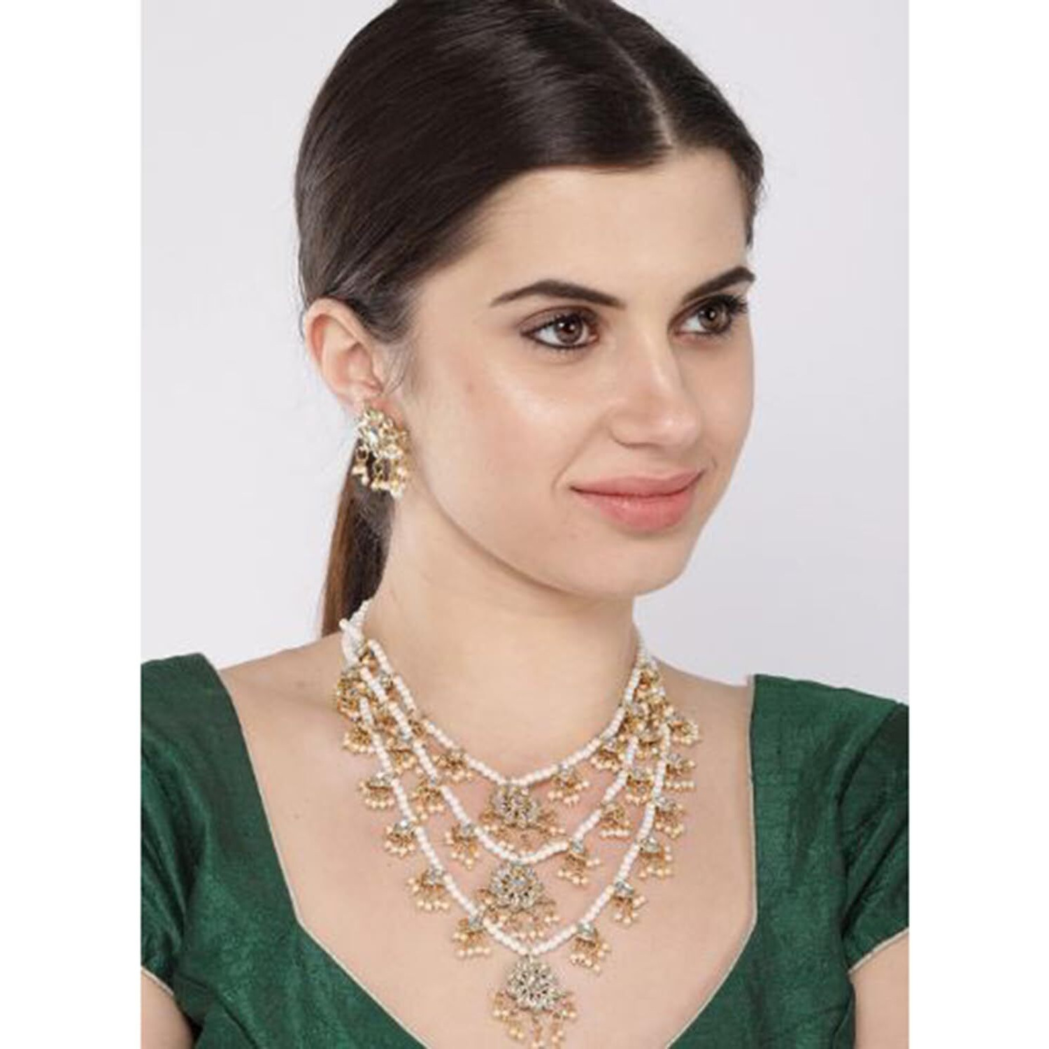 Peora Traditional Jewellery Brass Alloy Floral 3 Layered Necklace Earrings Jewellery Set for Women Girls. Necklace L 42cm x W 11.5cm