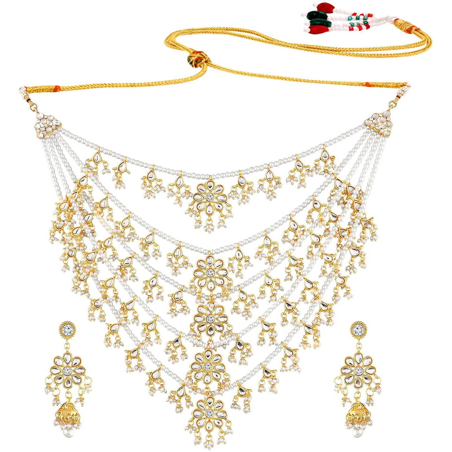 Peora 18K Gold Plated Traditional Kundan Pearl Floral Layered Long Necklace with Earring Jewellery Set for Women Girls