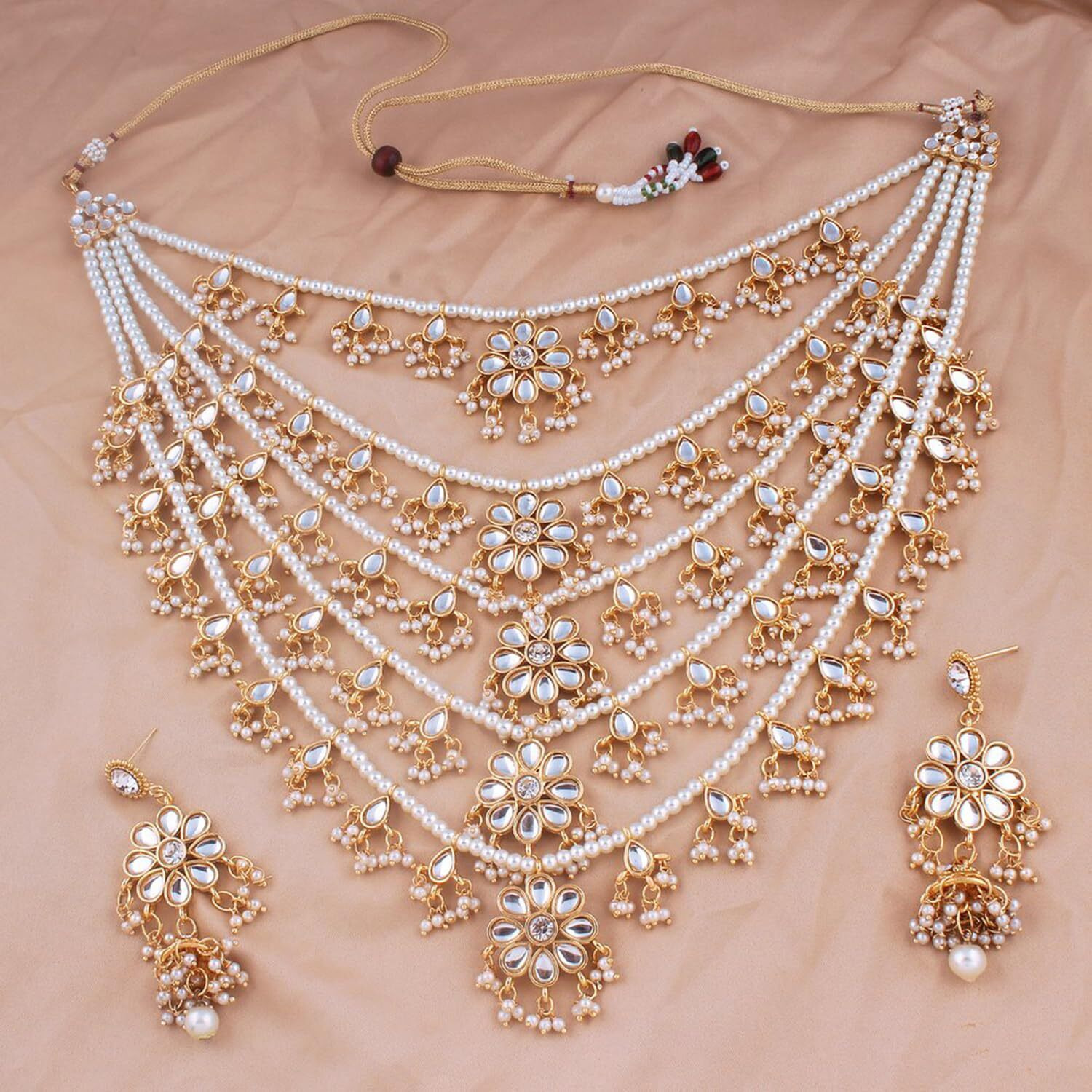 Peora 18K Gold Plated Traditional Kundan Pearl Floral Layered Long Necklace with Earring Jewellery Set for Women Girls