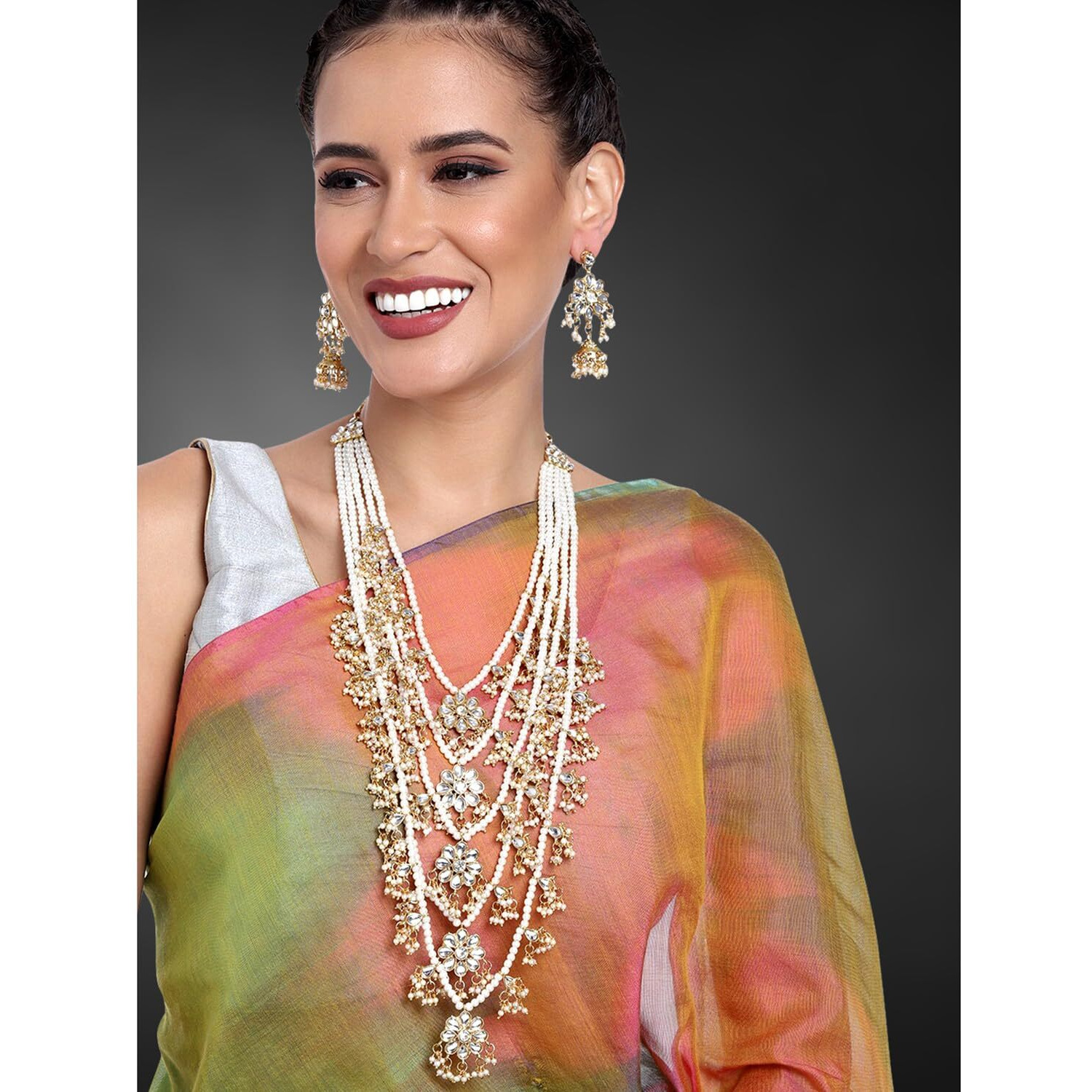 Peora 18K Gold Plated Traditional Kundan Pearl Floral Layered Long Necklace with Earring Jewellery Set for Women Girls