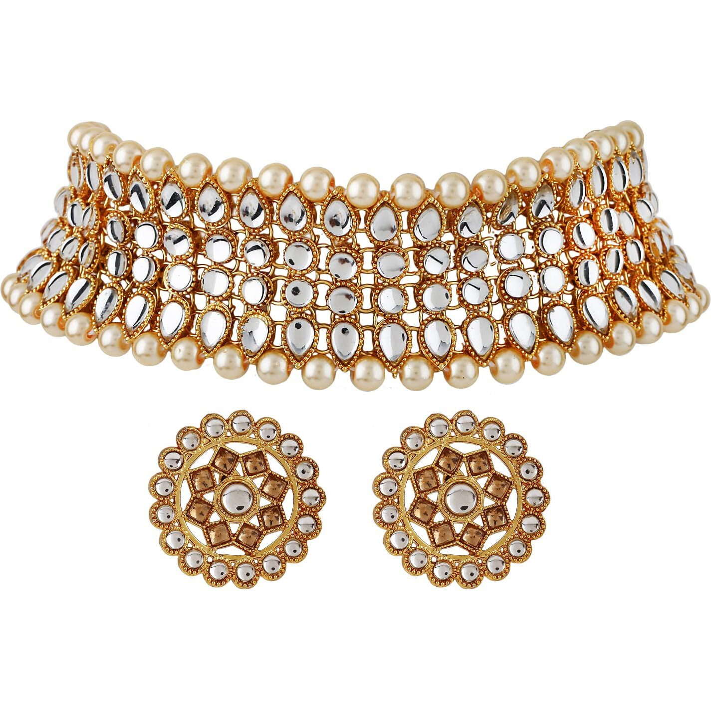 Shining Diva Fashion Latest Stylish Choker Traditional Pearl Kundan Necklace Jewellery Set for Women (12631s), Cream, One