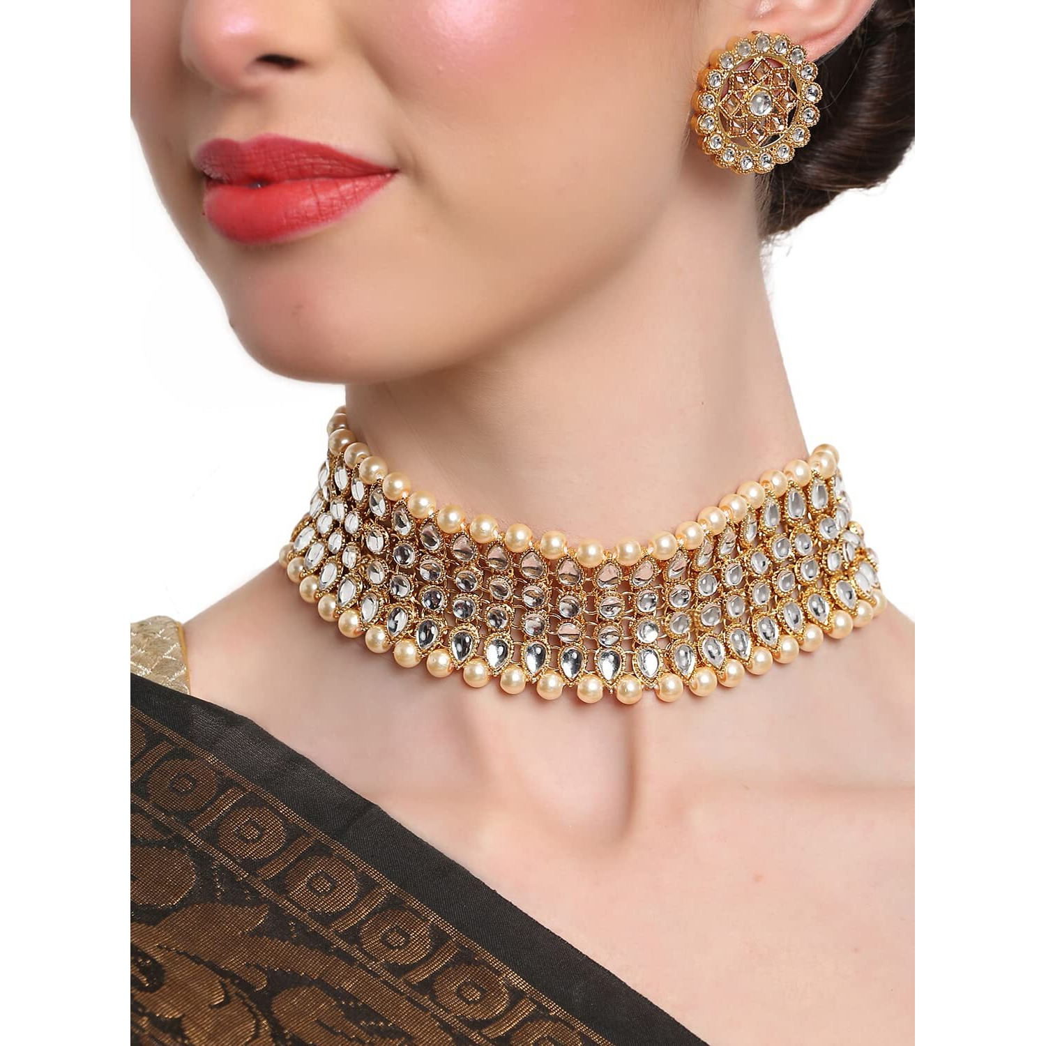 Shining Diva Fashion Latest Stylish Choker Traditional Pearl Kundan Necklace Jewellery Set for Women (12631s), Cream, One