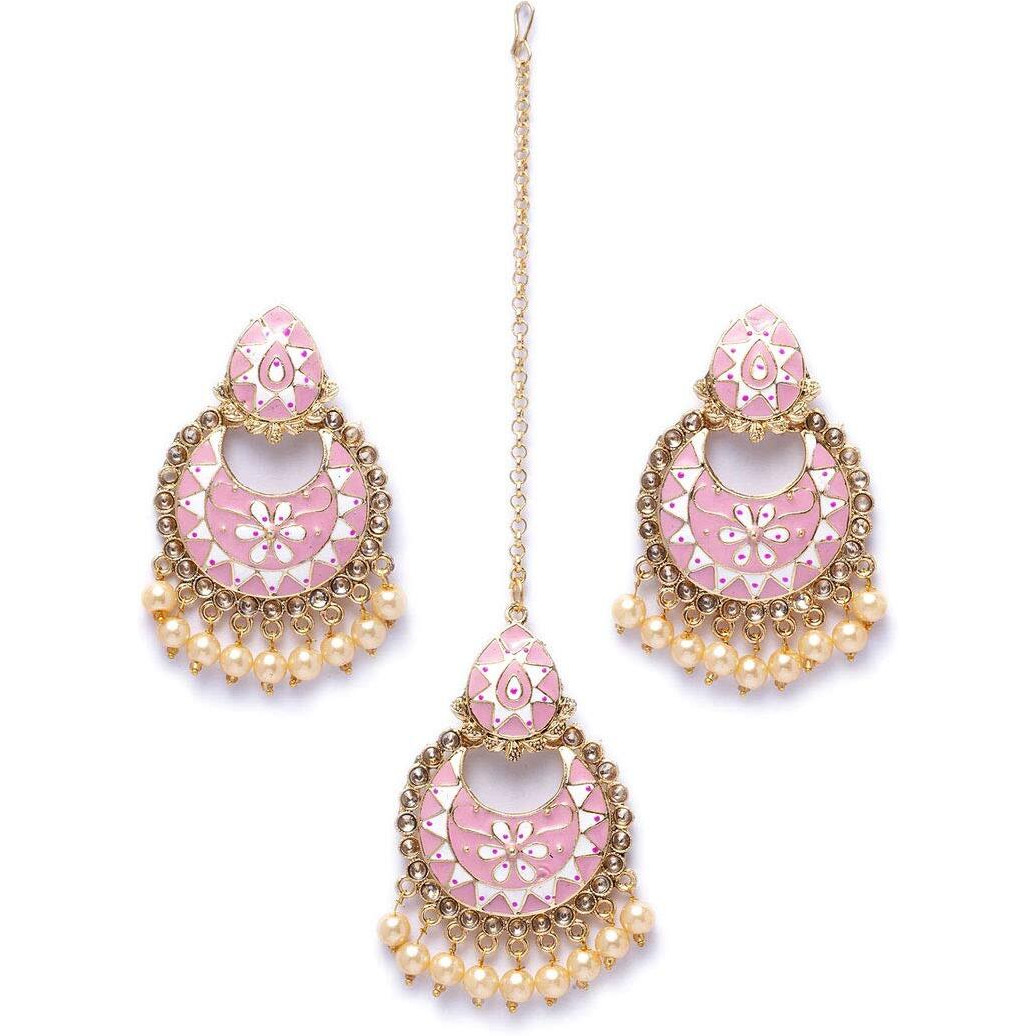 Shining Diva Fashion Latest Stylish Traditional Meenakari Maang Tikka Earrings Jewellery Set for Women (Pink) (11391mter), one