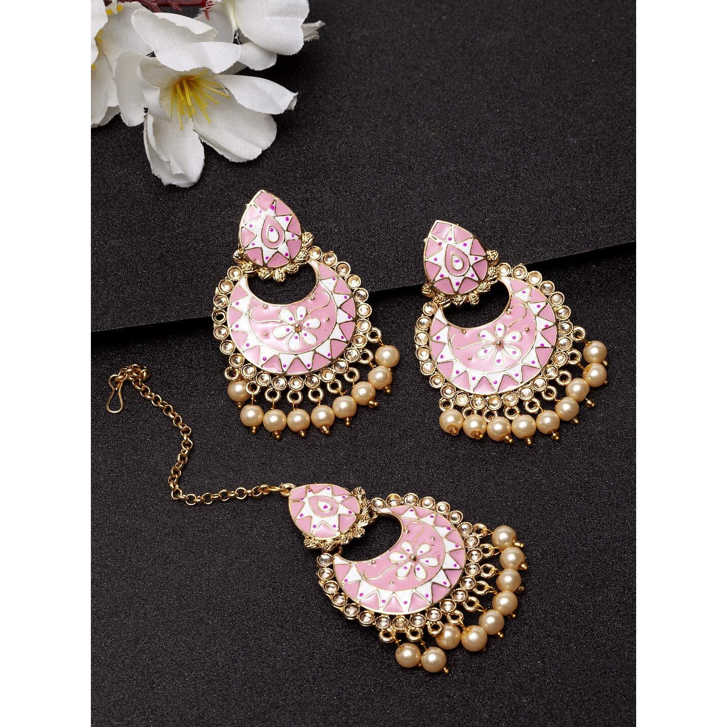 Shining Diva Fashion Latest Stylish Traditional Meenakari Maang Tikka Earrings Jewellery Set for Women (Pink) (11391mter), one