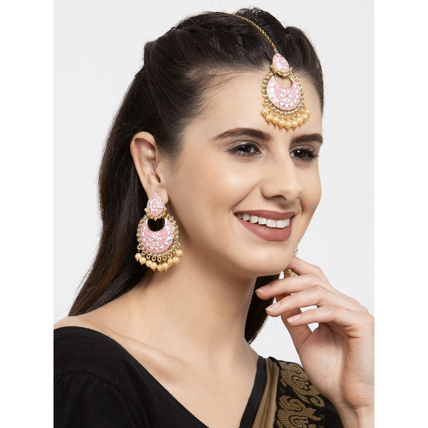 Shining Diva Fashion Latest Stylish Traditional Meenakari Maang Tikka Earrings Jewellery Set for Women (Pink) (11391mter), one