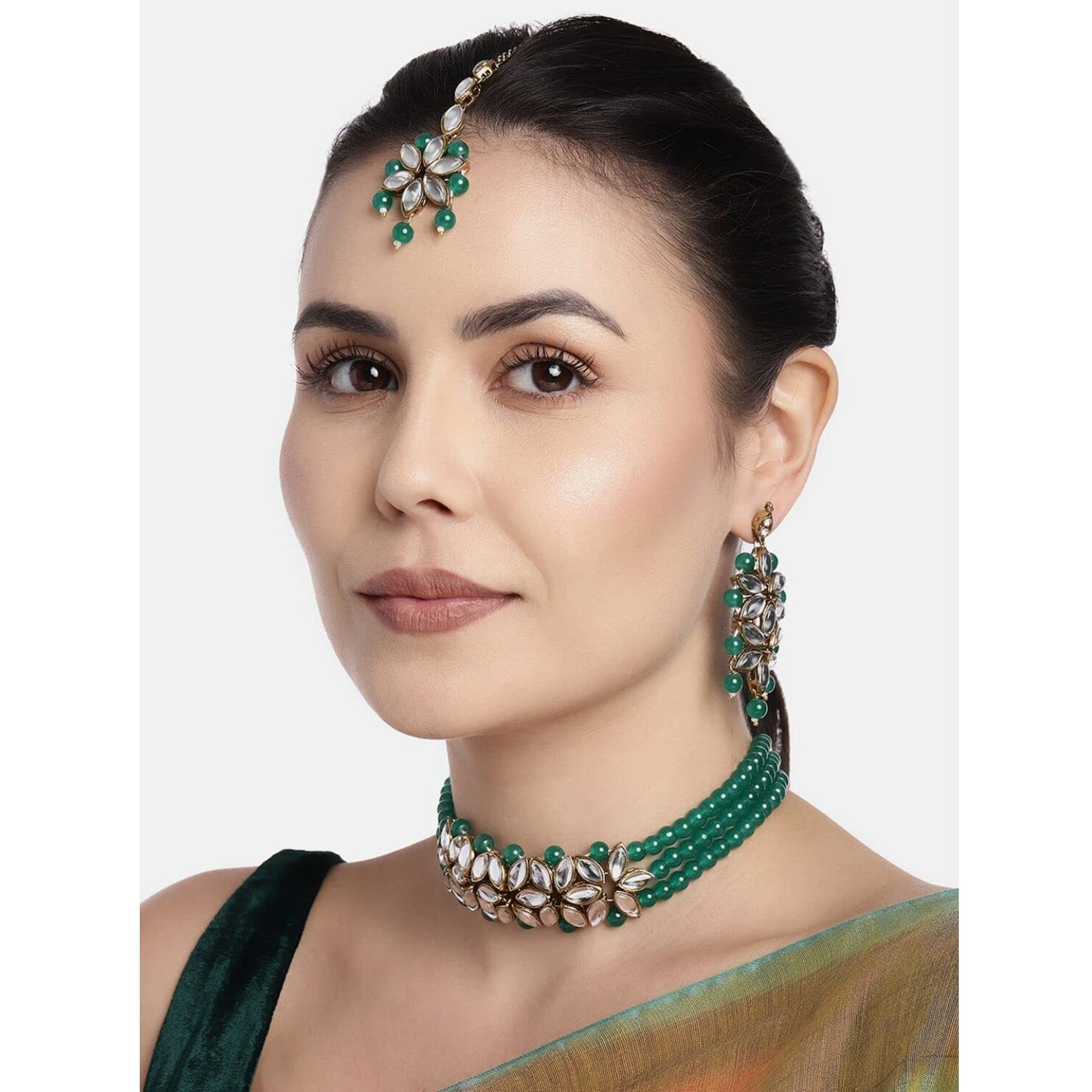 I Jewels 18k Gold Plated Kundan & Pearl Beaded Choker Set for Women/Girls (IJ345G)