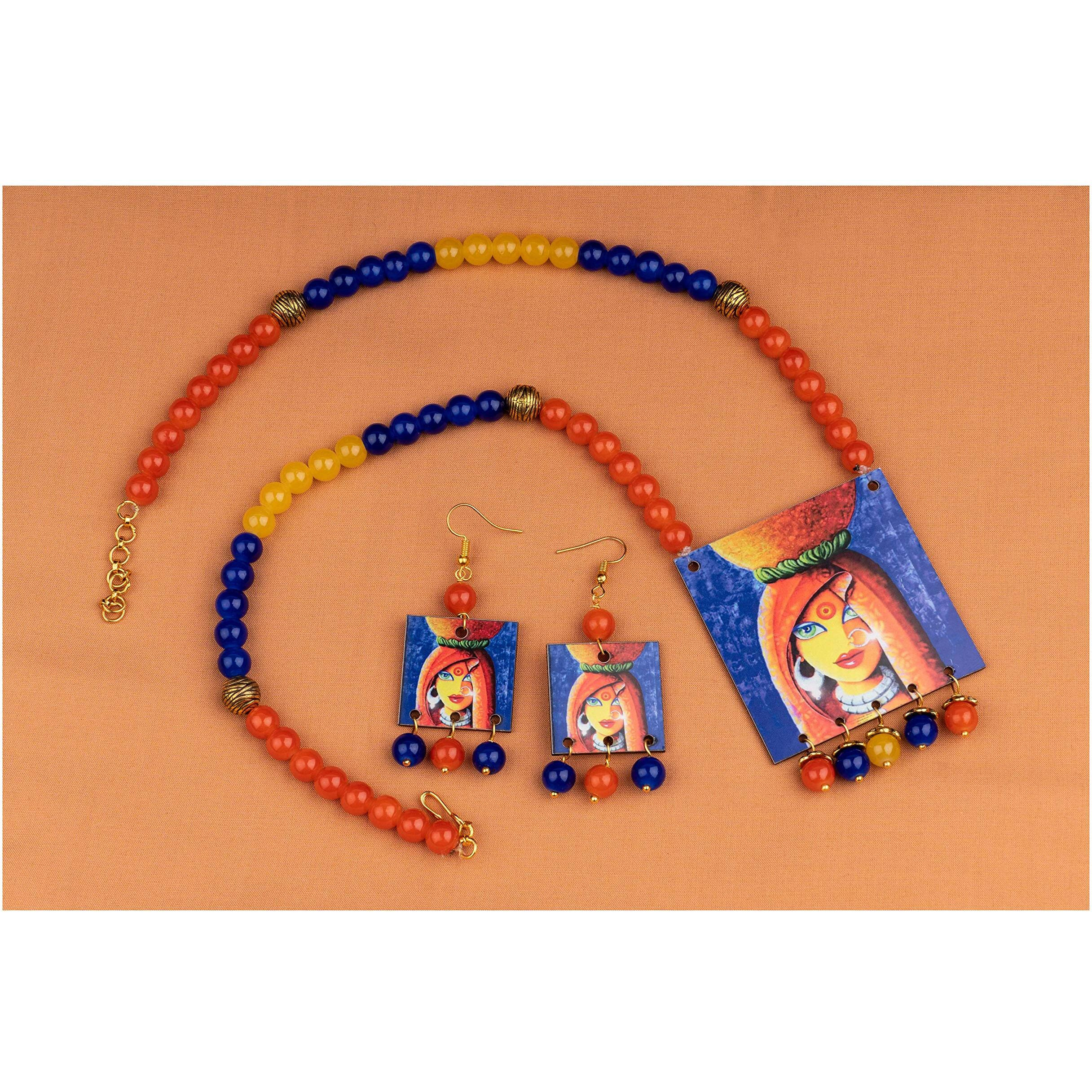 JFL - Jewellery for Less Handcrafted Village Women Painting Print Beaded Designer Necklace Set for Women and Girls (Orange, Navy Blue & Yellow),Valentine