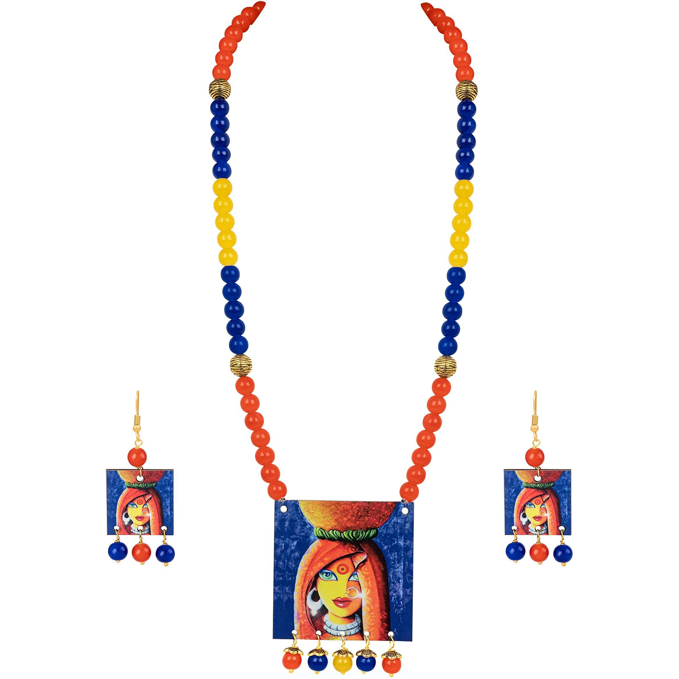 JFL - Jewellery for Less Handcrafted Village Women Painting Print Beaded Designer Necklace Set for Women and Girls (Orange, Navy Blue & Yellow),Valentine