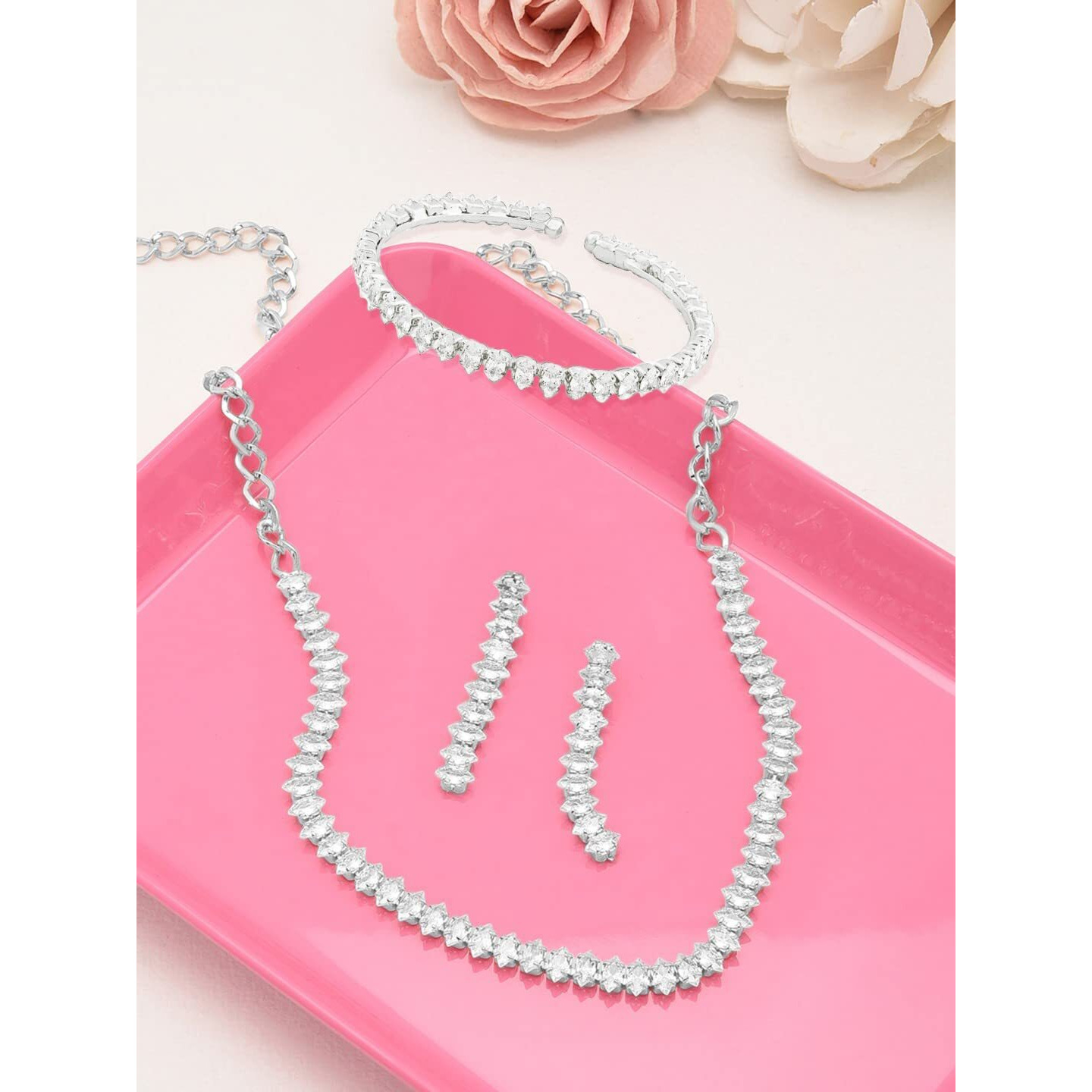 ZAVERI PEARLS Silver Tone Marquise Shaped Cubic Zirconia Necklace Earring & Bracelet Set For Women-ZPFK12585