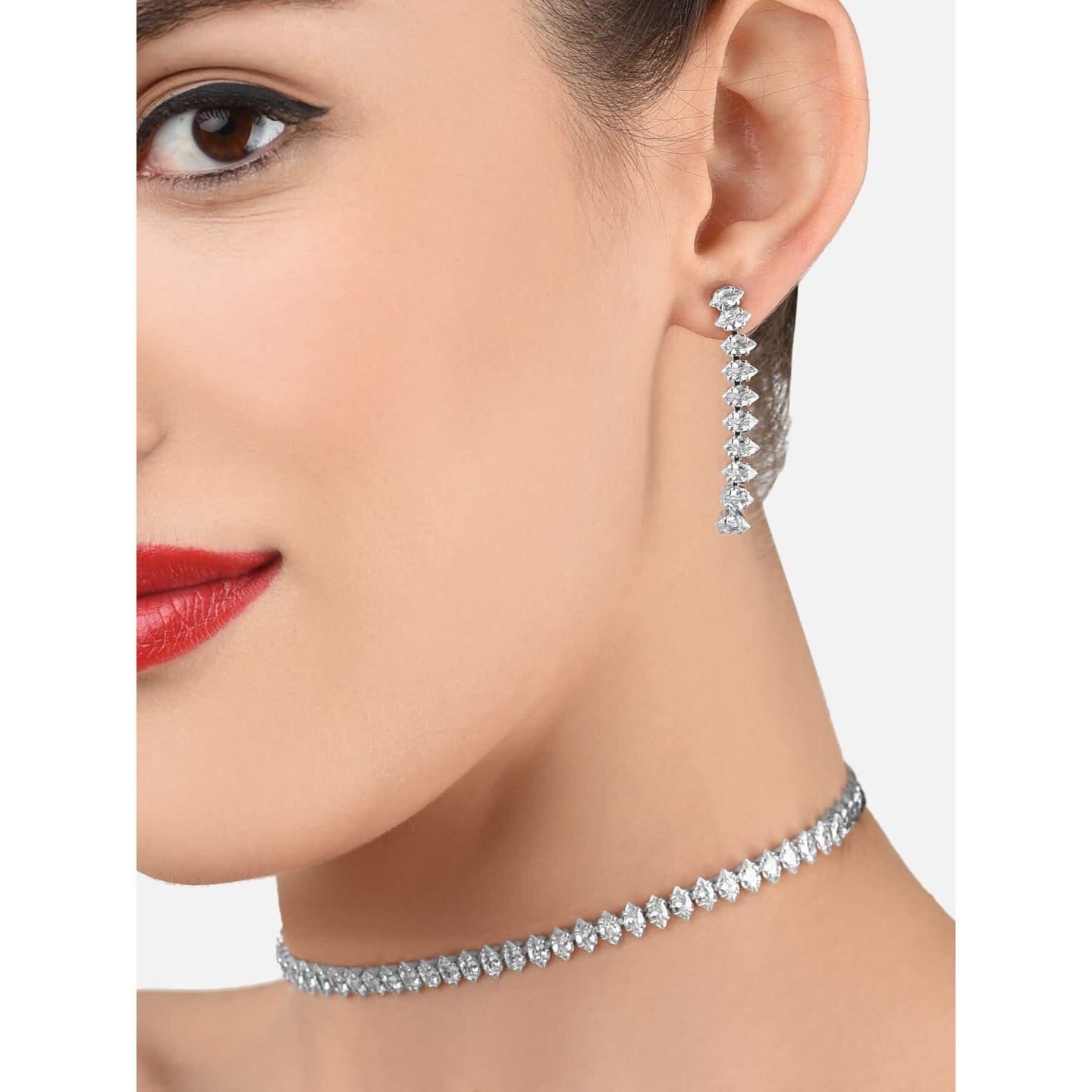 ZAVERI PEARLS Silver Tone Marquise Shaped Cubic Zirconia Necklace Earring & Bracelet Set For Women-ZPFK12585