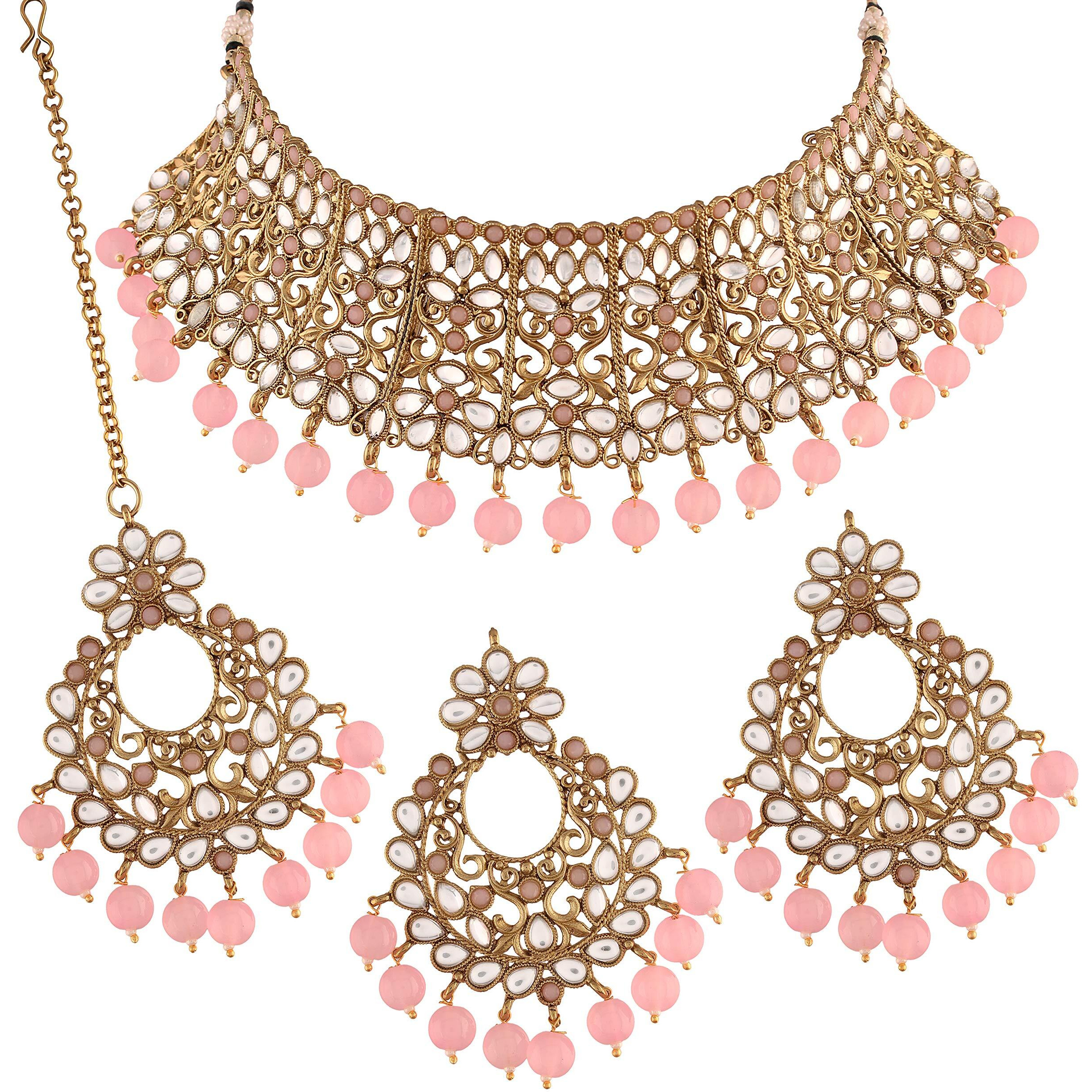 I Jewels Traditional Gold Plated Kundan & Beads Choker Necklace Jewellery Set with Maang Tikka for Women (ML233Pi)