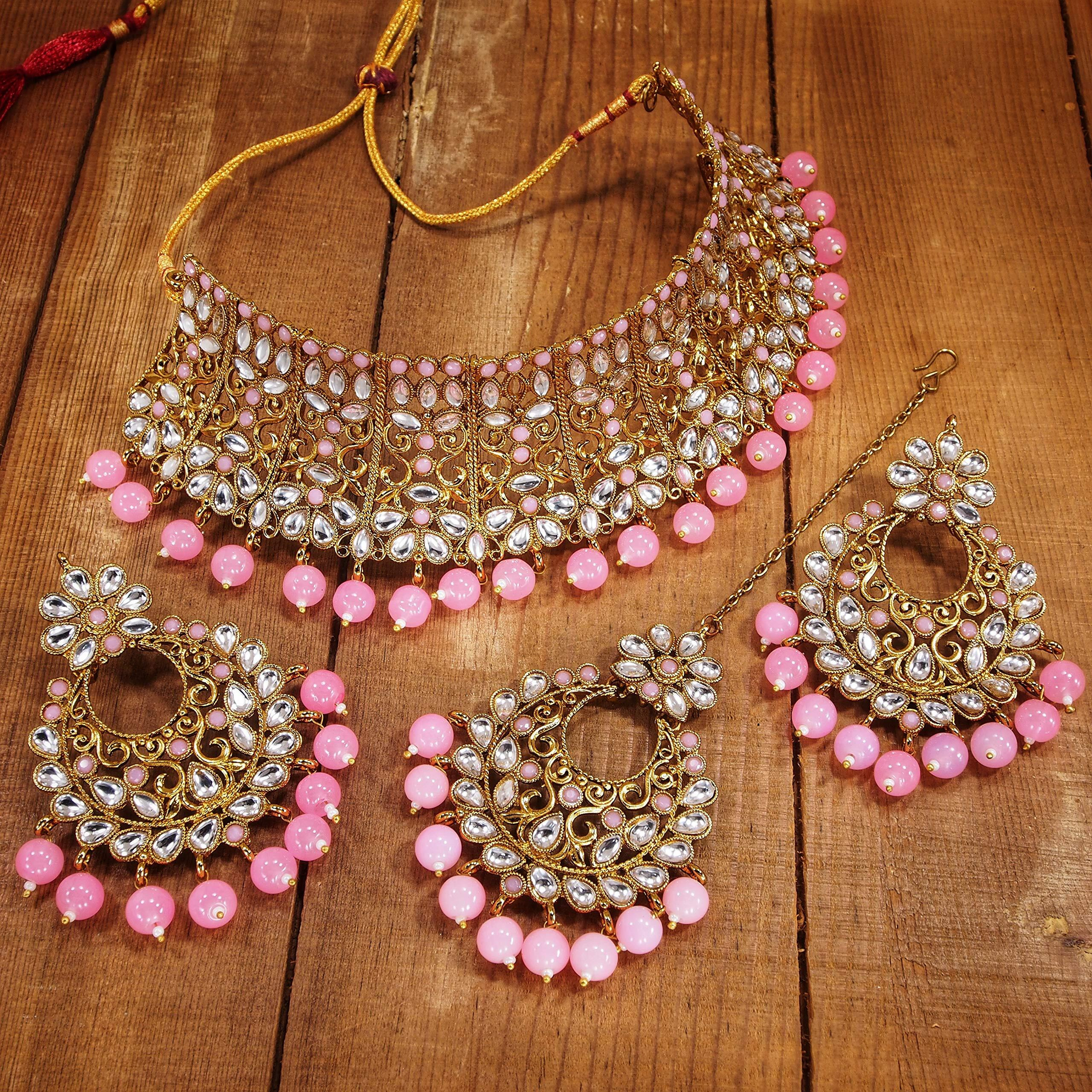 I Jewels Traditional Gold Plated Kundan & Beads Choker Necklace Jewellery Set with Maang Tikka for Women (ML233Pi)
