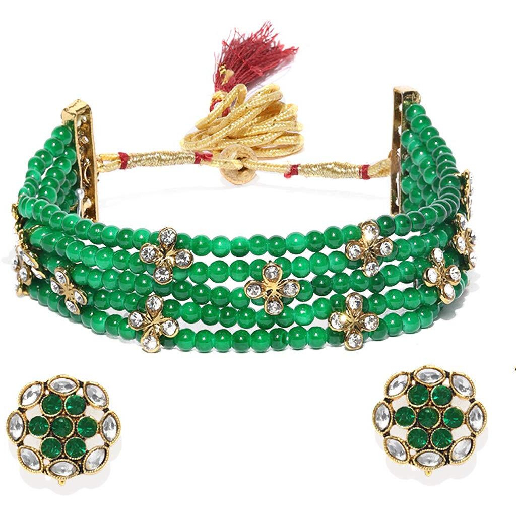 ZAVERI PEARLS Fashionable Green Beads Choker Jewellery Set For Women-ZPFK9107