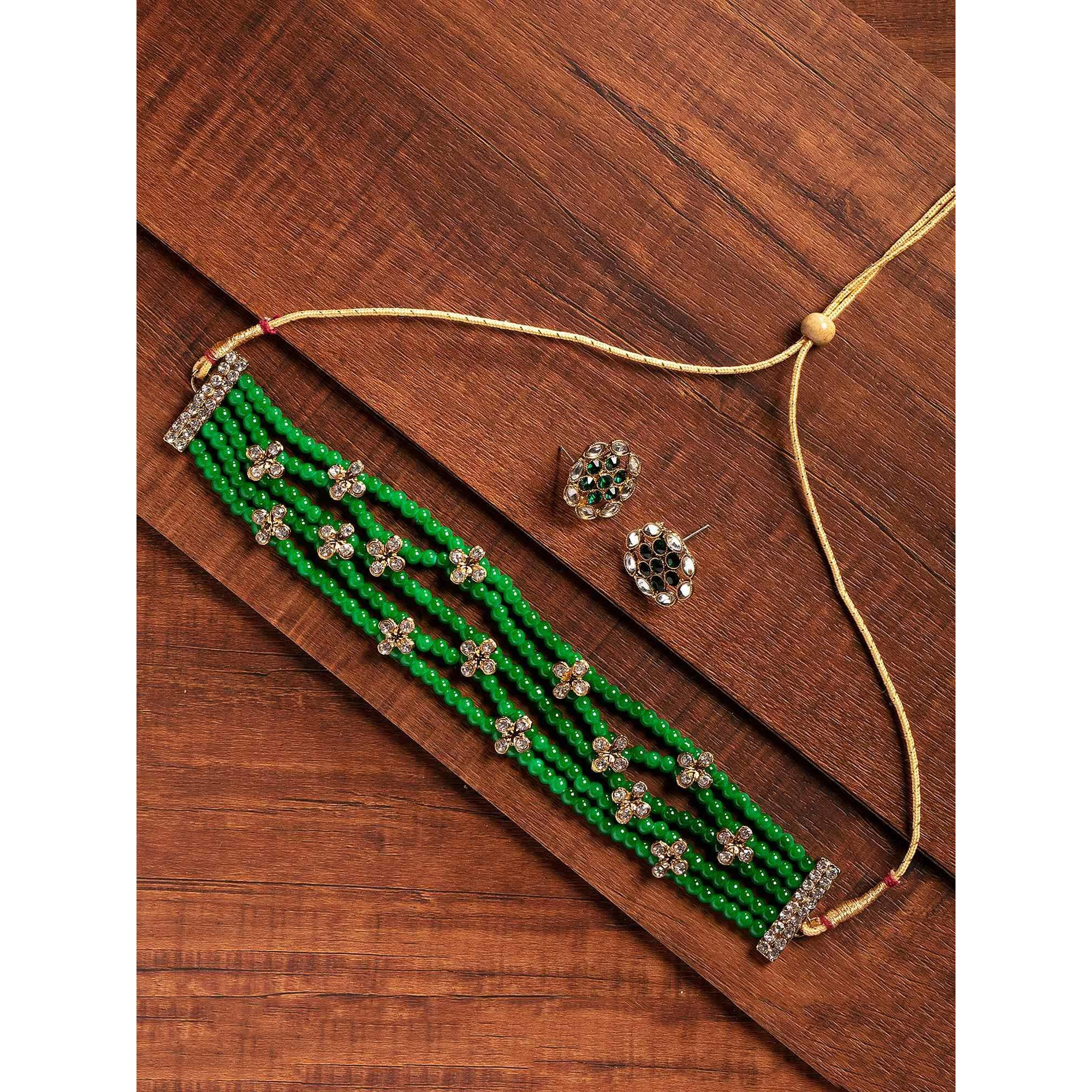 ZAVERI PEARLS Fashionable Green Beads Choker Jewellery Set For Women-ZPFK9107
