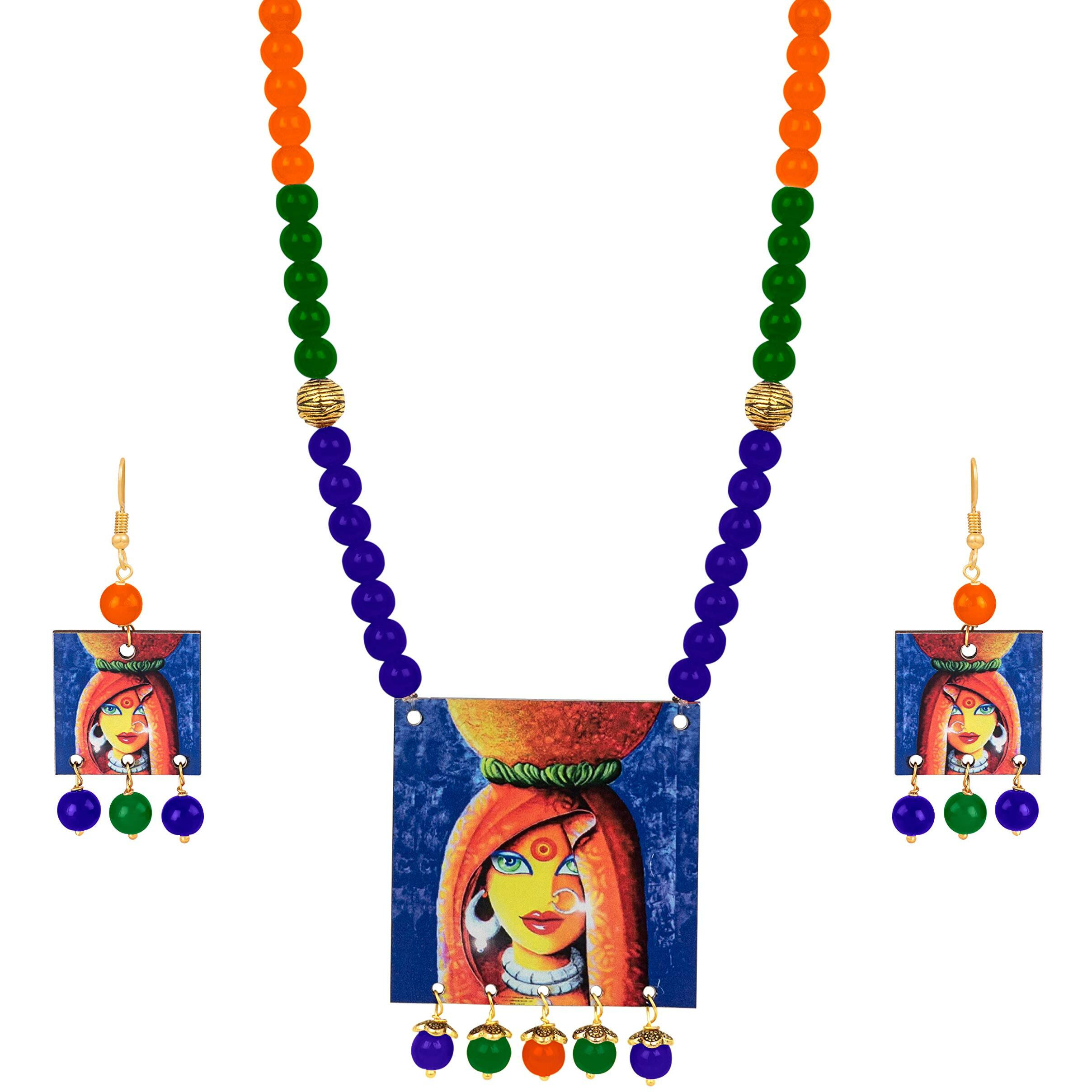 JFL - Jewellery for Less Handcrafted Village Women Painting Print Beaded Designer Necklace Set for Women and Girls (Navy Blue, Green & Orange),Valentine