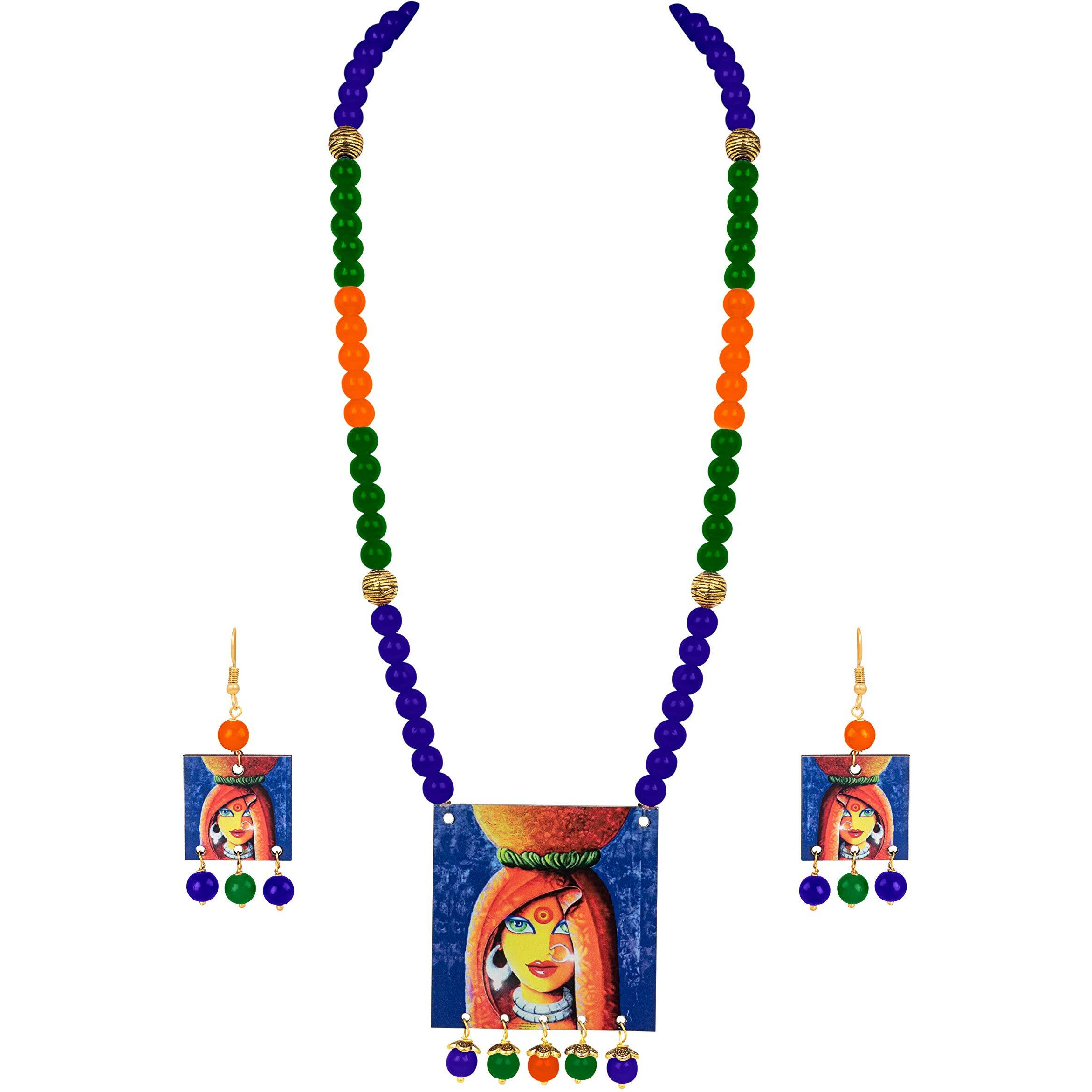 JFL - Jewellery for Less Handcrafted Village Women Painting Print Beaded Designer Necklace Set for Women and Girls (Navy Blue, Green & Orange),Valentine
