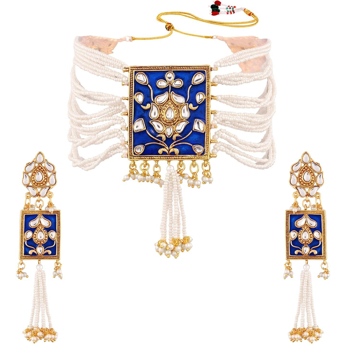 Peora Traditional Jewellery Pearl Kundan Padmavati Choker Necklace with Earrings for Women Girls (Blue)