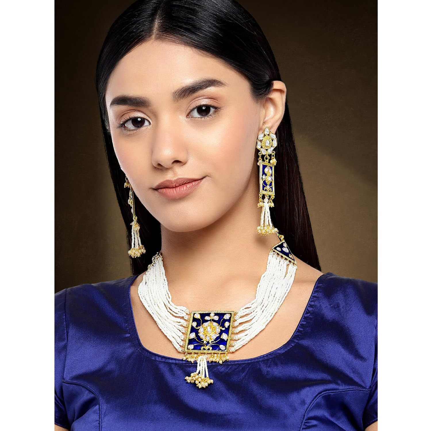 Peora Traditional Jewellery Pearl Kundan Padmavati Choker Necklace with Earrings for Women Girls (Blue)