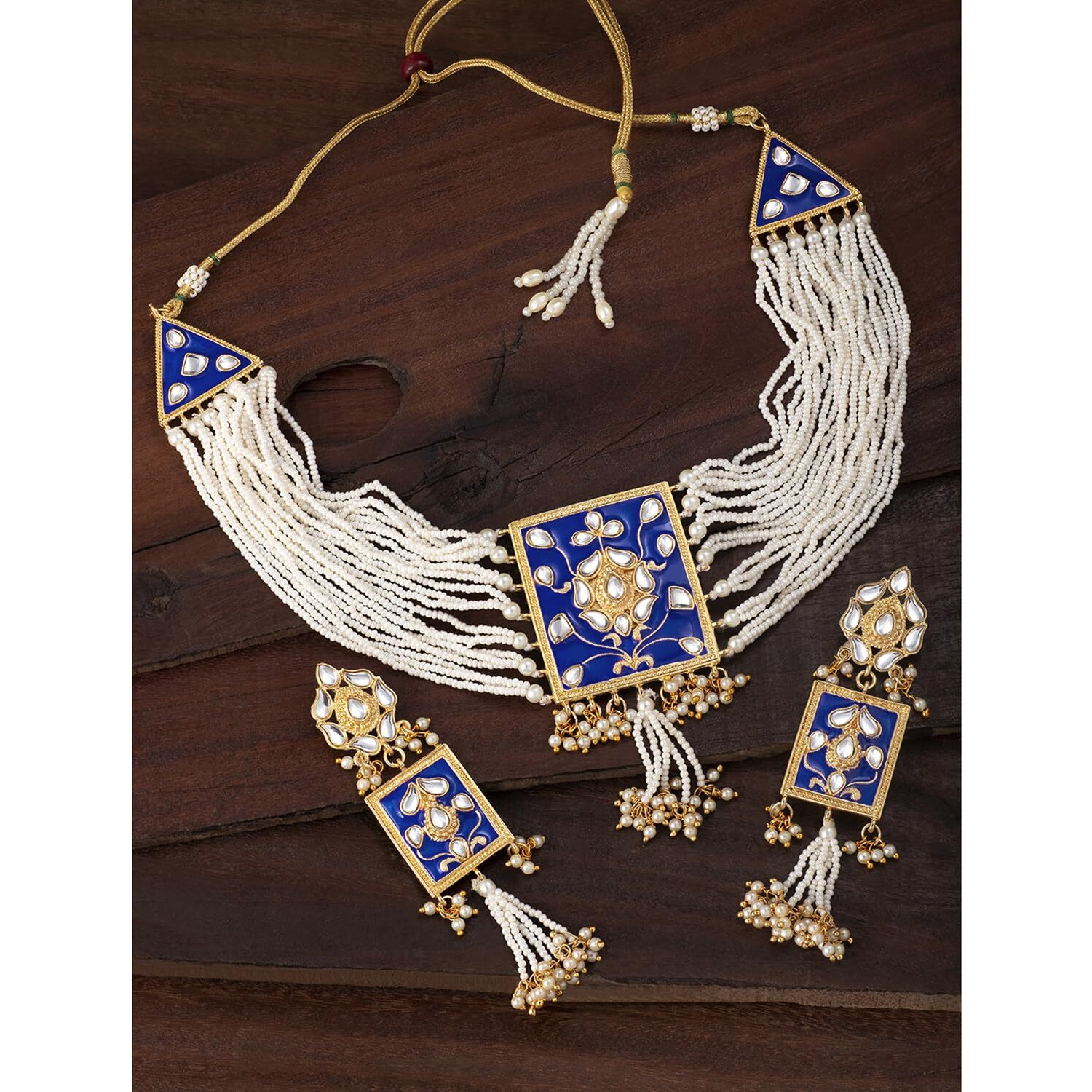 Peora Traditional Jewellery Pearl Kundan Padmavati Choker Necklace with Earrings for Women Girls (Blue)
