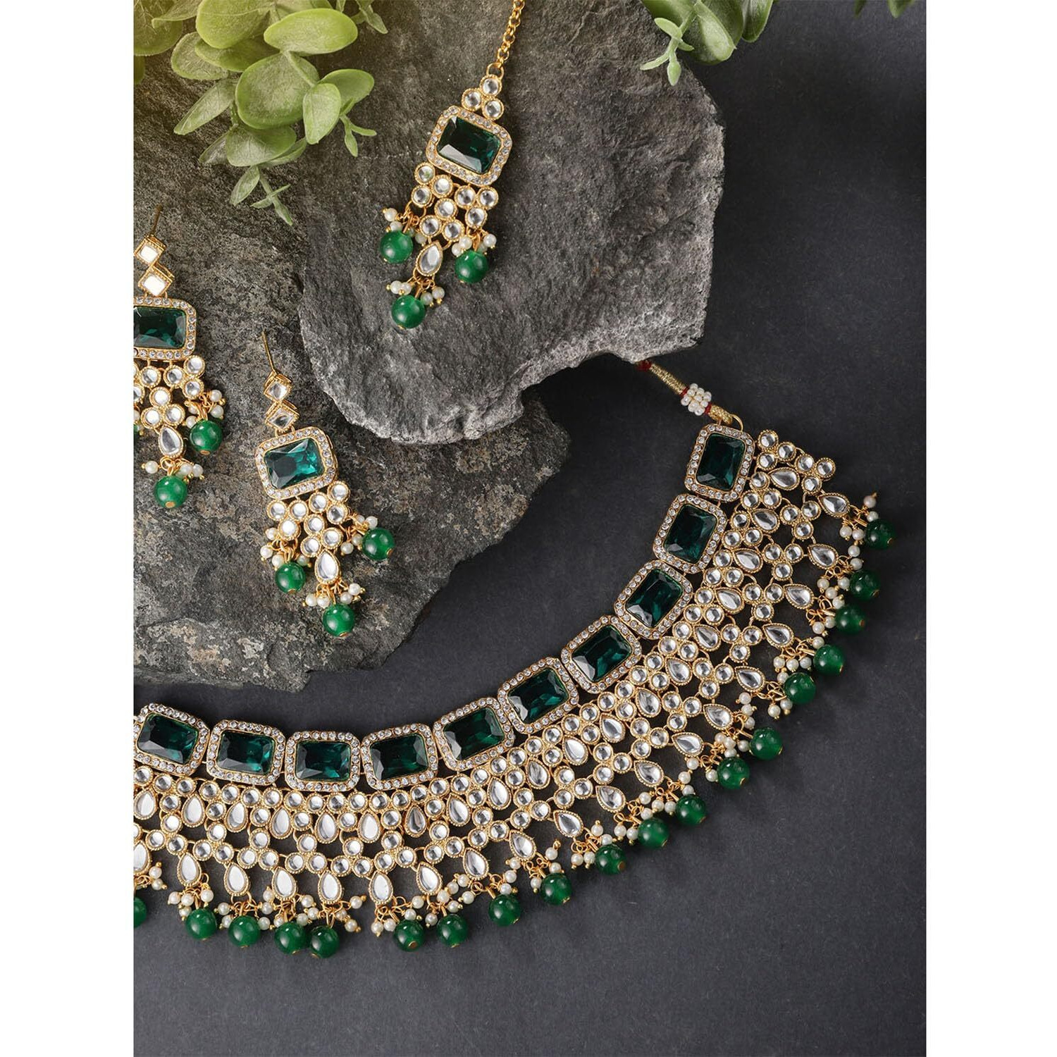 Peora Traditional Green Crystal Choker Necklace Earring Maang Tikka Jewellery Set for Women Girls