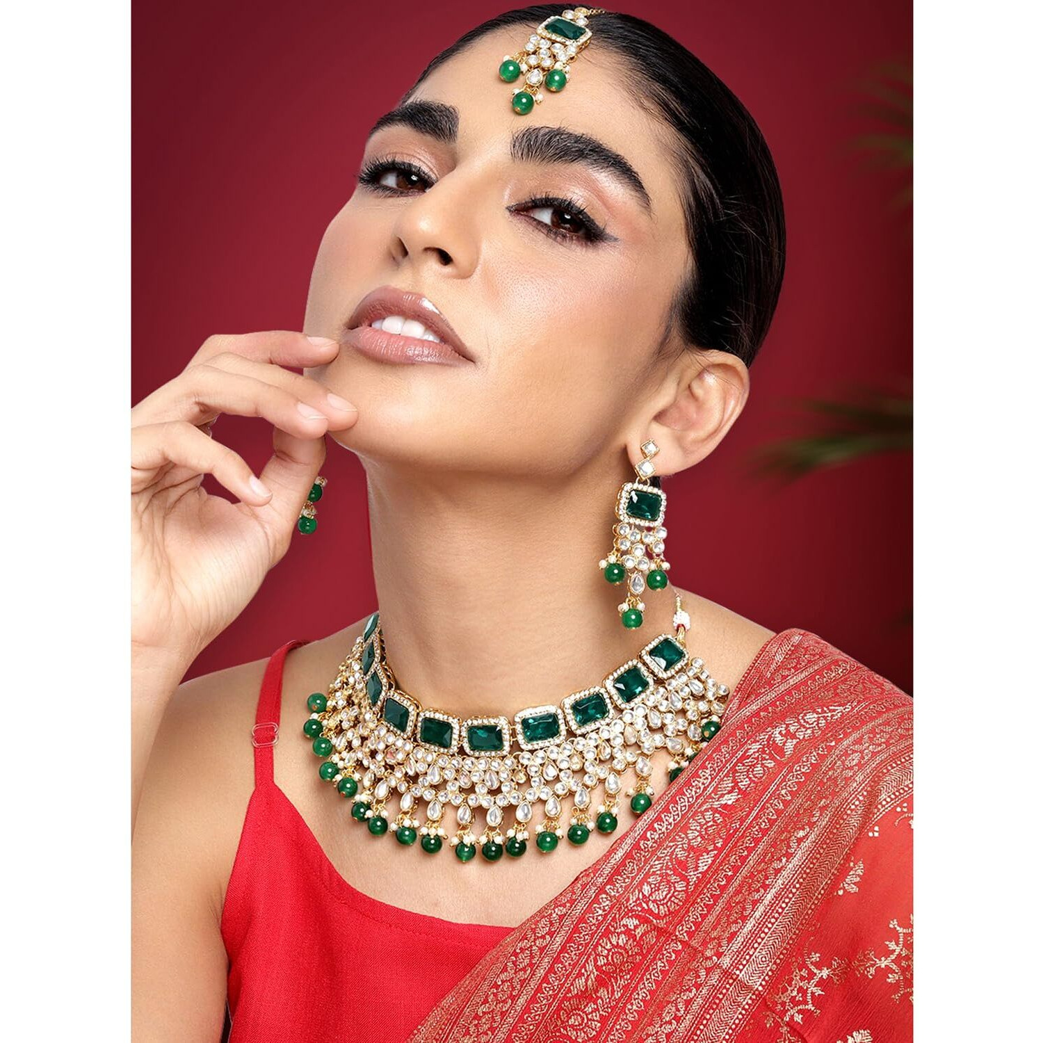 Peora Traditional Green Crystal Choker Necklace Earring Maang Tikka Jewellery Set for Women Girls