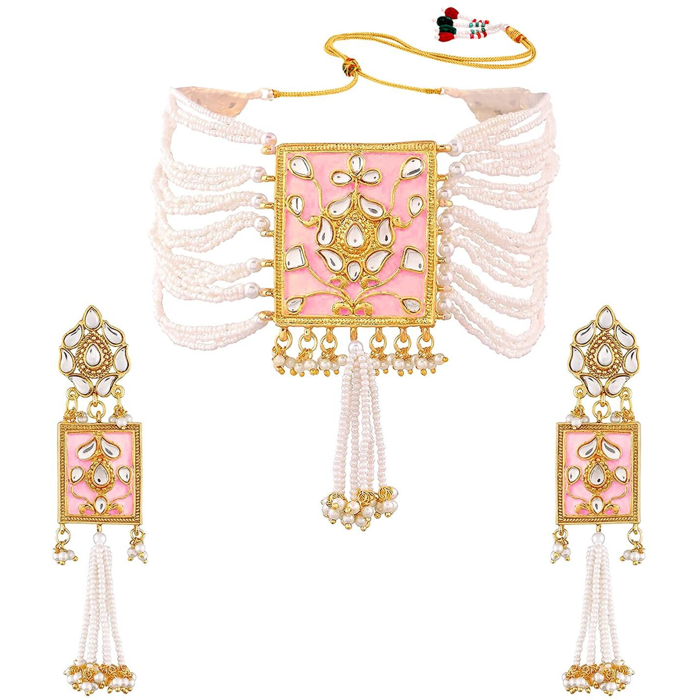 Peora Traditional Jewellery Pearl Kundan Padmavati Choker Necklace with Earrings for Women Girls (Pink)