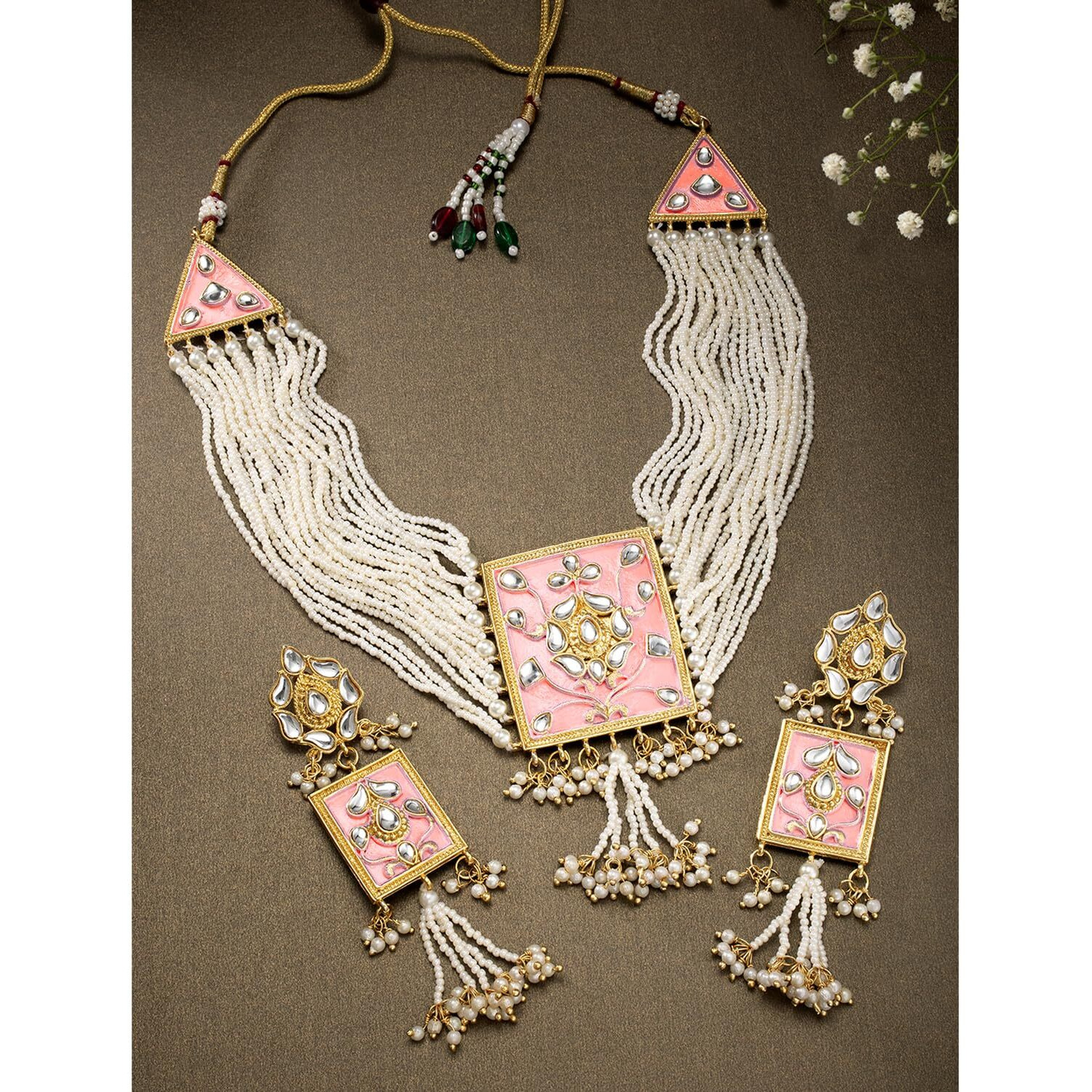 Peora Traditional Jewellery Pearl Kundan Padmavati Choker Necklace with Earrings for Women Girls (Pink)