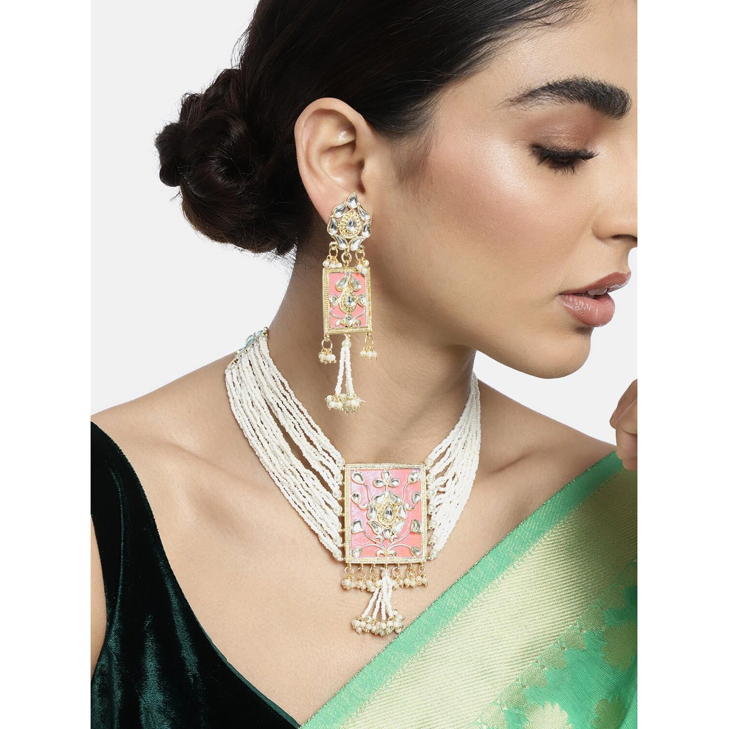 Peora Traditional Jewellery Pearl Kundan Padmavati Choker Necklace with Earrings for Women Girls (Pink)