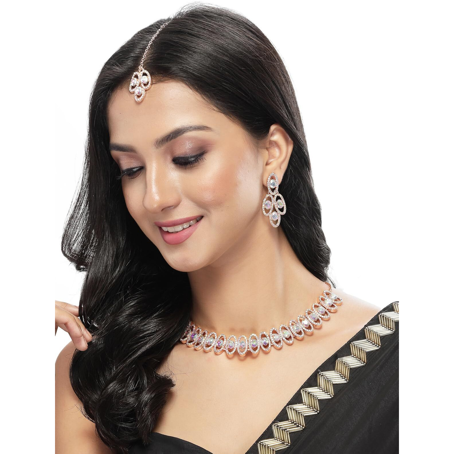 Sukkhi Lavish Rose Gold Plated Rainbow Stones Collar Bone Necklace Set With Earring And Maangtika | Jewellery Set For Women (NS104986)