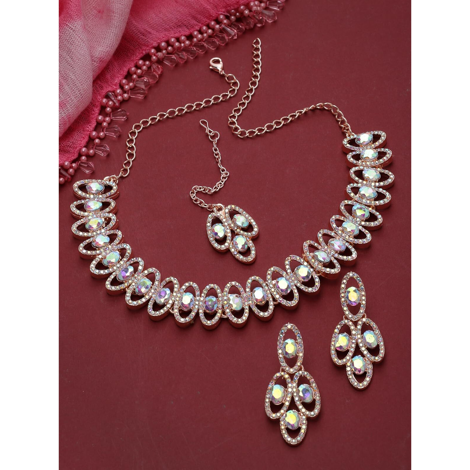 Sukkhi Lavish Rose Gold Plated Rainbow Stones Collar Bone Necklace Set With Earring And Maangtika | Jewellery Set For Women (NS104986)