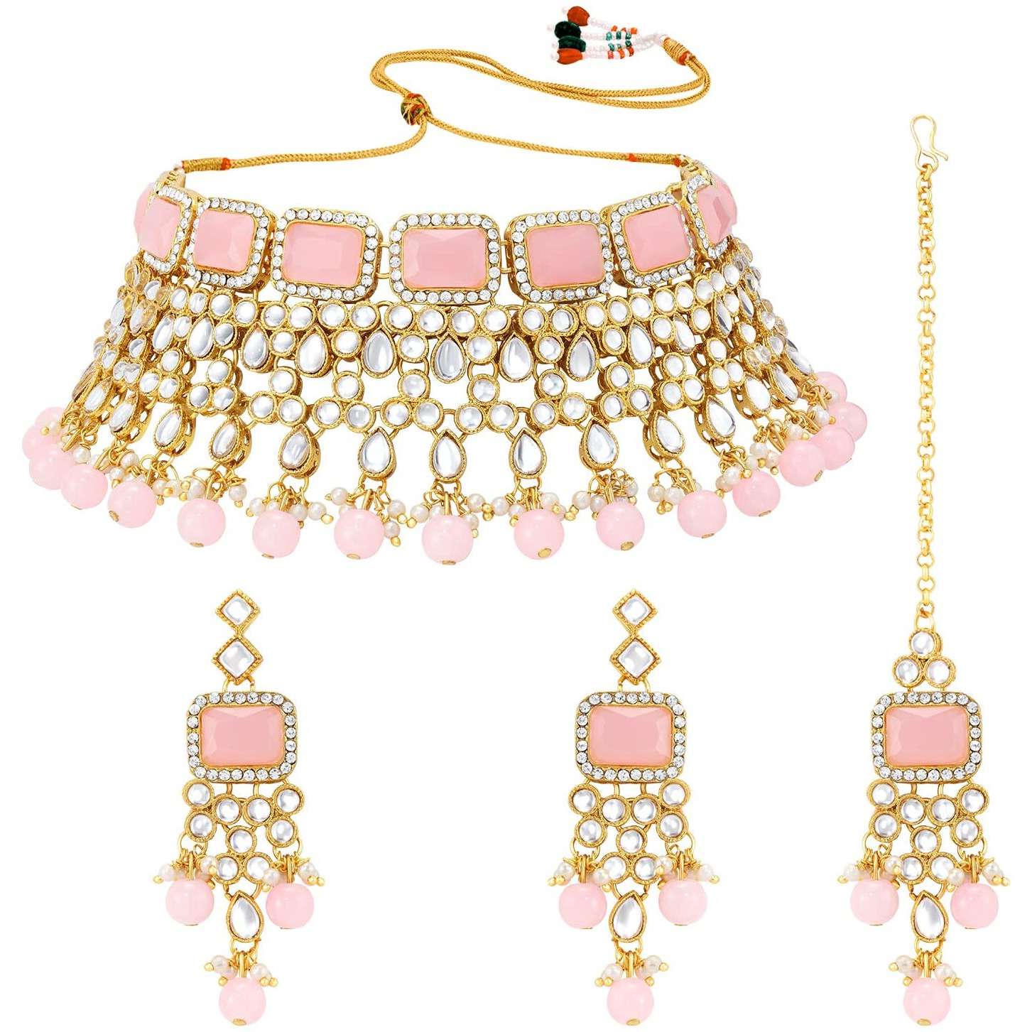 Peora Traditional Gold Plated Pink Kundan Choker Necklace Dangle Earring & Maang Tikka Ethnic Jewellery Set Gift for Women & Girls