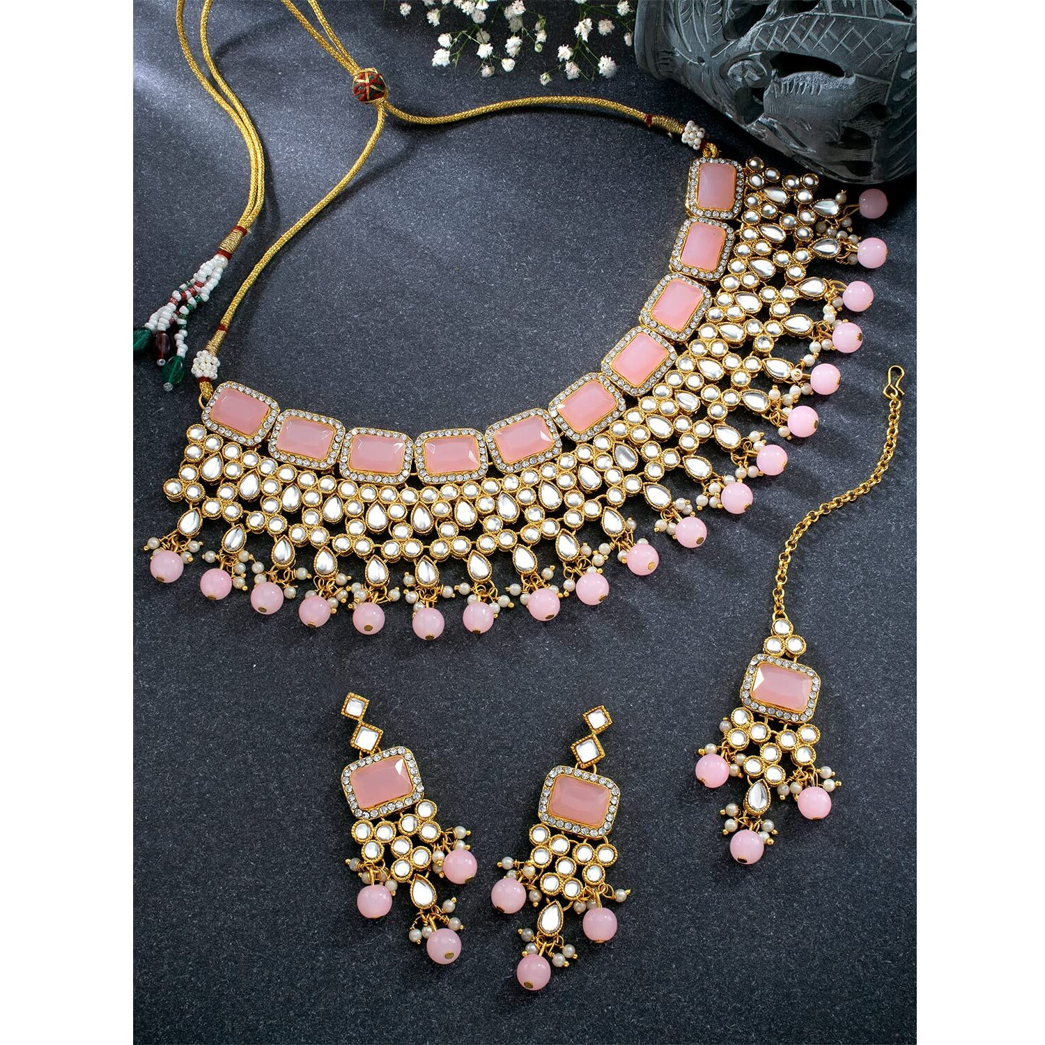 Peora Traditional Gold Plated Pink Kundan Choker Necklace Dangle Earring & Maang Tikka Ethnic Jewellery Set Gift for Women & Girls